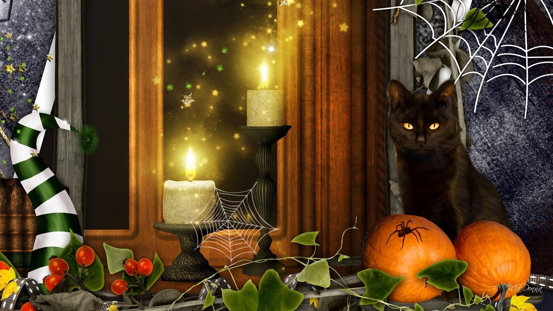 decoration, Candle, leaf, illuminated, 1080P, indoors, no people, window, Collage, Halloween, christmas ornament, fruit, plant, nature, celebration, Spider Web, HD Wallpaper