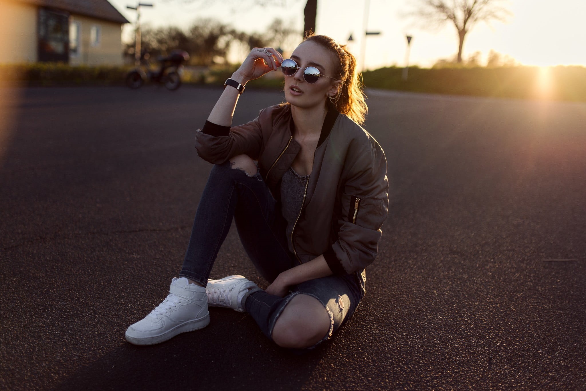 wearing, outdoors, woman, fashion, beautiful woman, hair, young adult, sitting, jeans, distress, leisure activity, casual clothing, real people, 1080P, HD Wallpaper