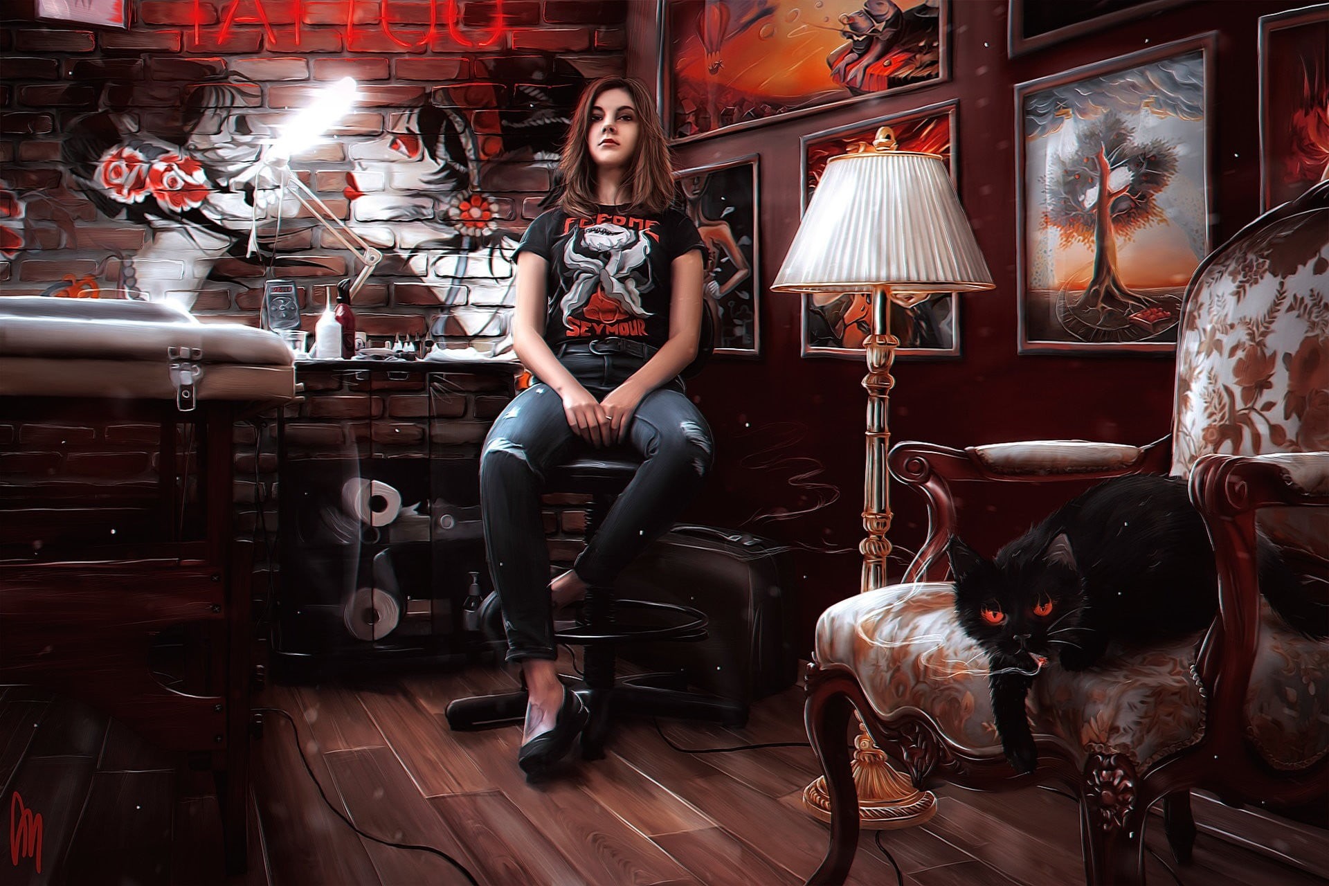 looking at camera, T-shirt, painting, blue, hairstyle, smoking, flooring, portrait, full length, red eyes, distressed, fashion, 1080P, Andrew White, indoors, HD Wallpaper