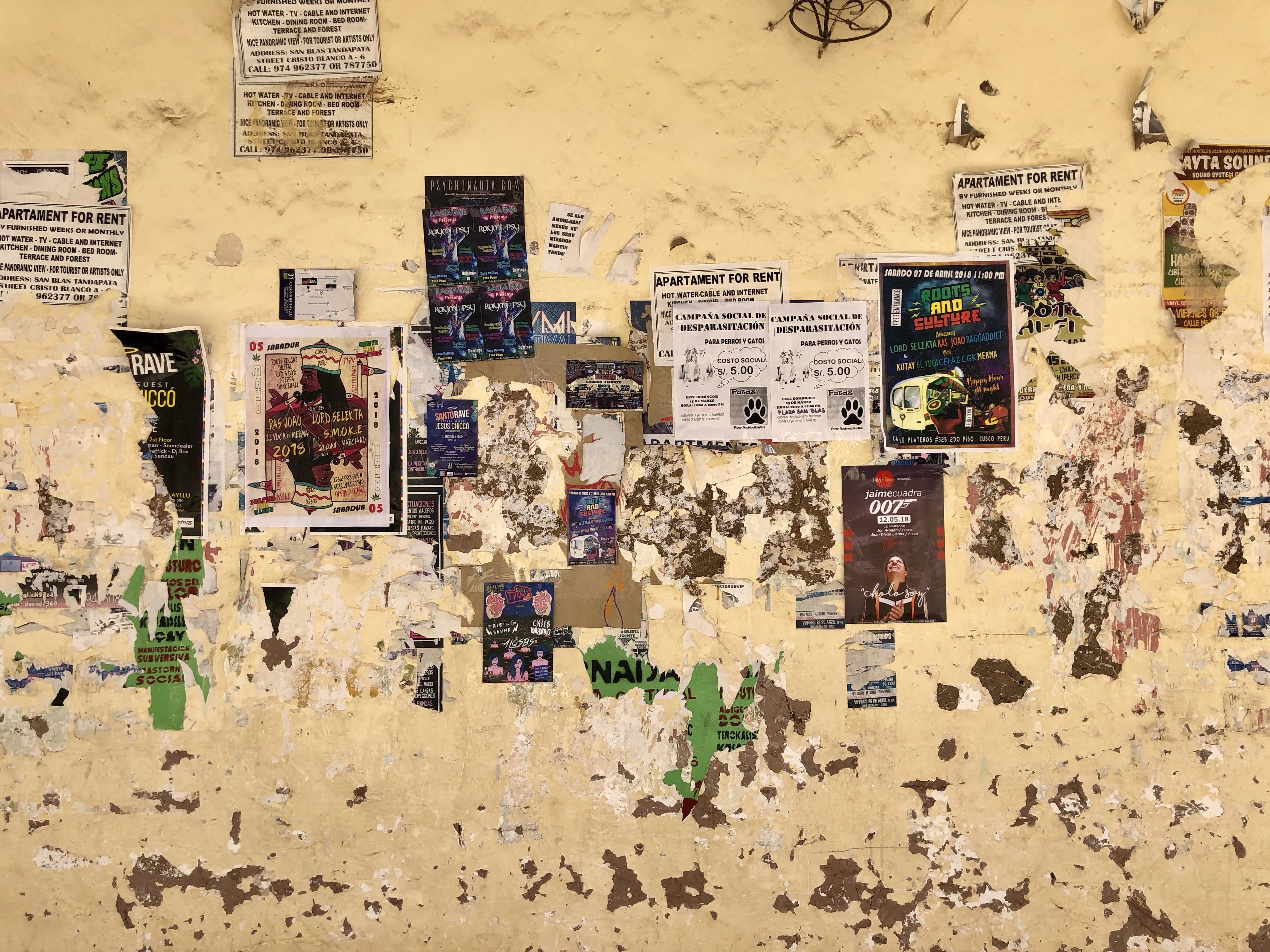 weathered, cusco, cuzco, indoors, art and craft, flyposting, wall - building feature, day, architecture, painted, grunge wall, posters, aesthetic, 4K, HD Wallpaper