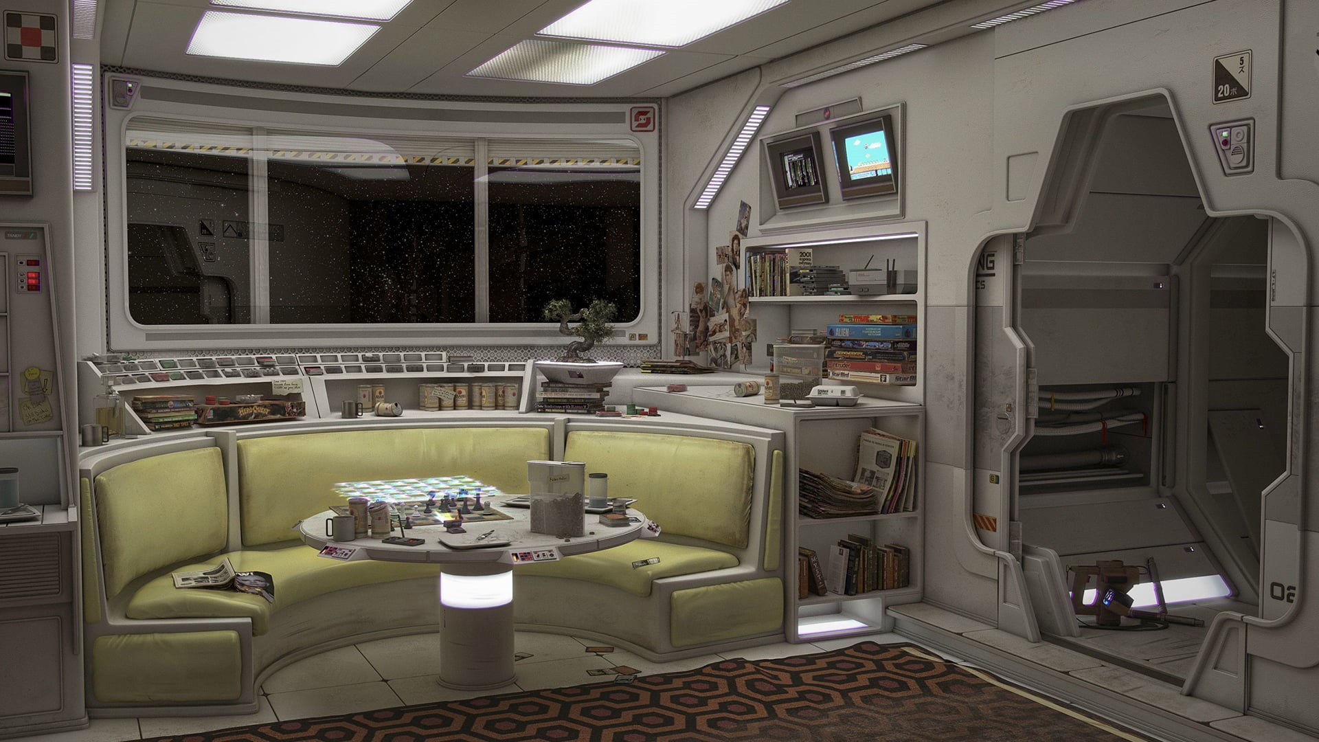 curved, day, sofa, no people, flooring, pads, machinery, fabric, inside Of, absence, indoors, space art, domestic Room, mirror, digital art, 1080P, spaceship, HD Wallpaper