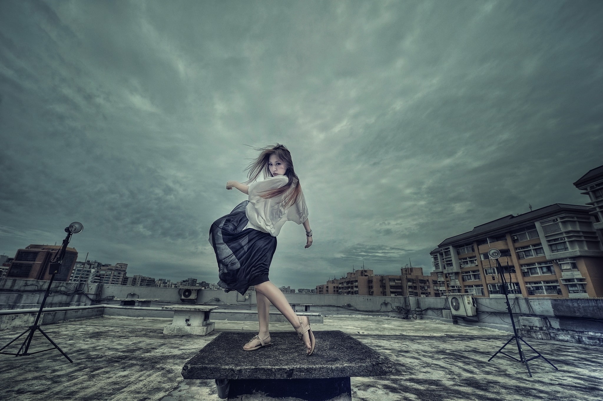 outdoors, Asian, nature, rooftops, building exterior, one person, young adult, blue skirt, hairstyle, sky, day, cloud - sky, brunette, adult, leisure activity, HD Wallpaper