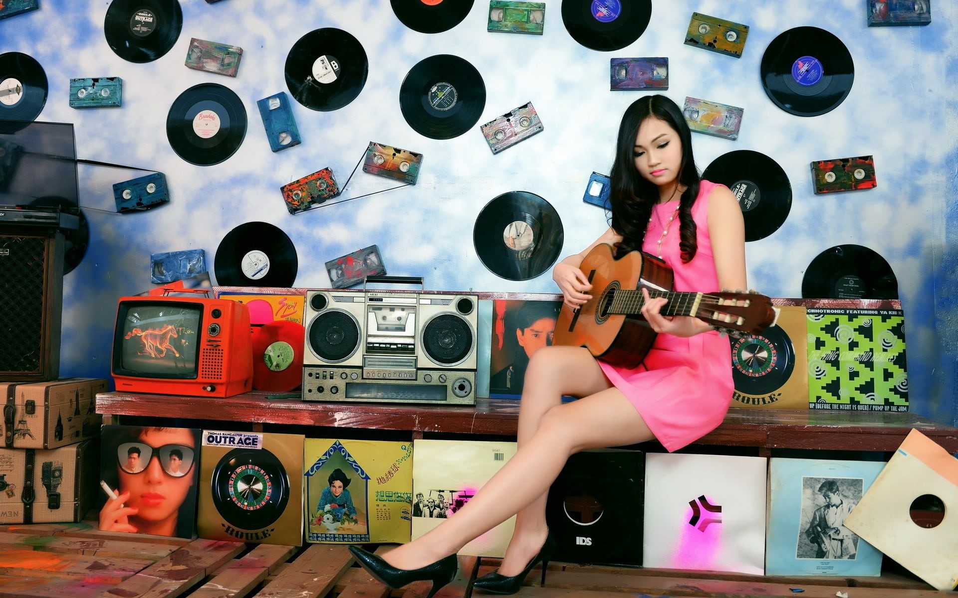 females, pink dress, adult, model, television sets, wall, playing, young women, large group of objects, portrait, guitar, indoors, speakers, Asian, beautiful woman, HD Wallpaper