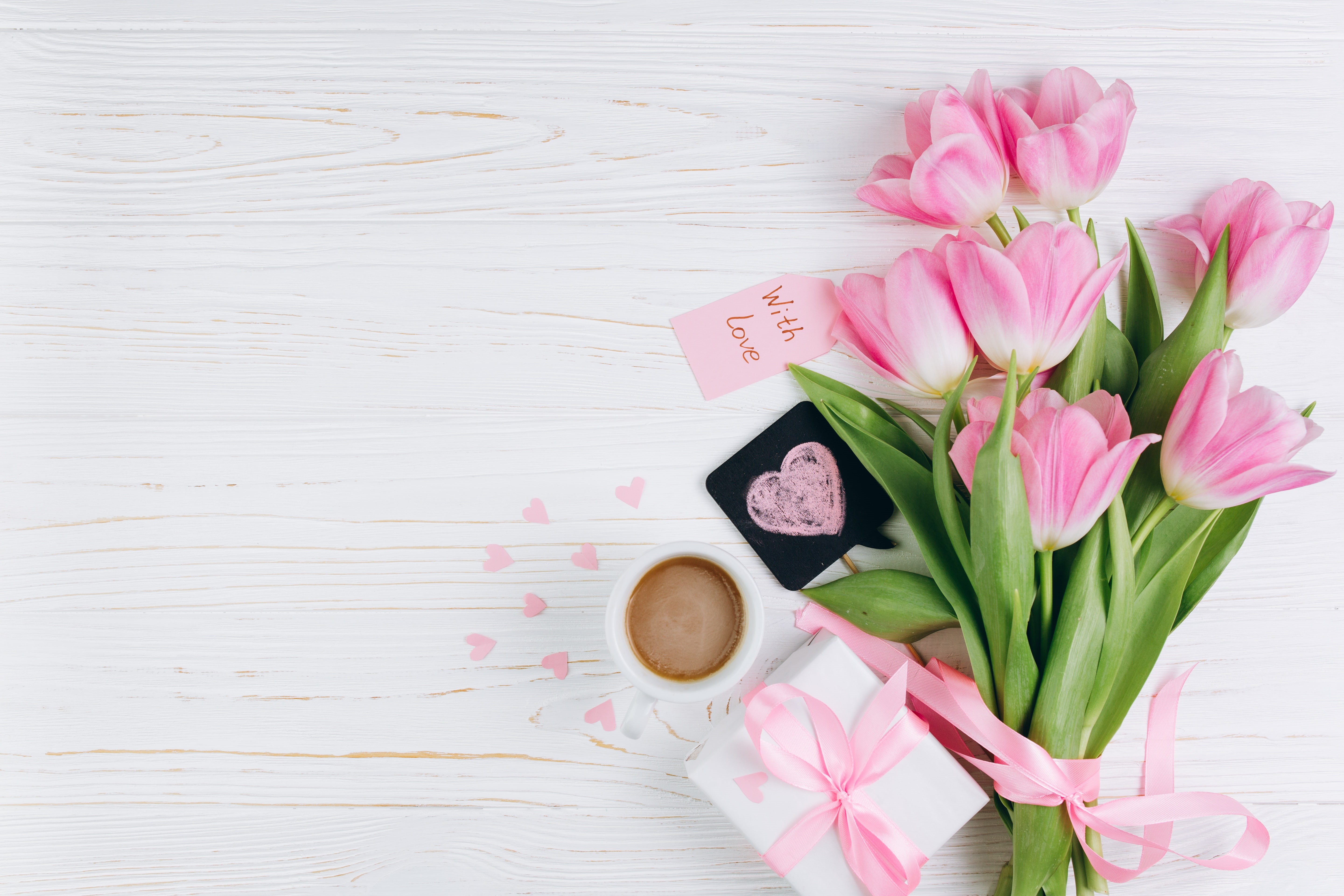 coffee cup, with love, hearts, wood, Cup, gift, tender, fresh, flowers, pink, 5K, spring, heart, love, romantic, beautiful, tulips, HD Wallpaper