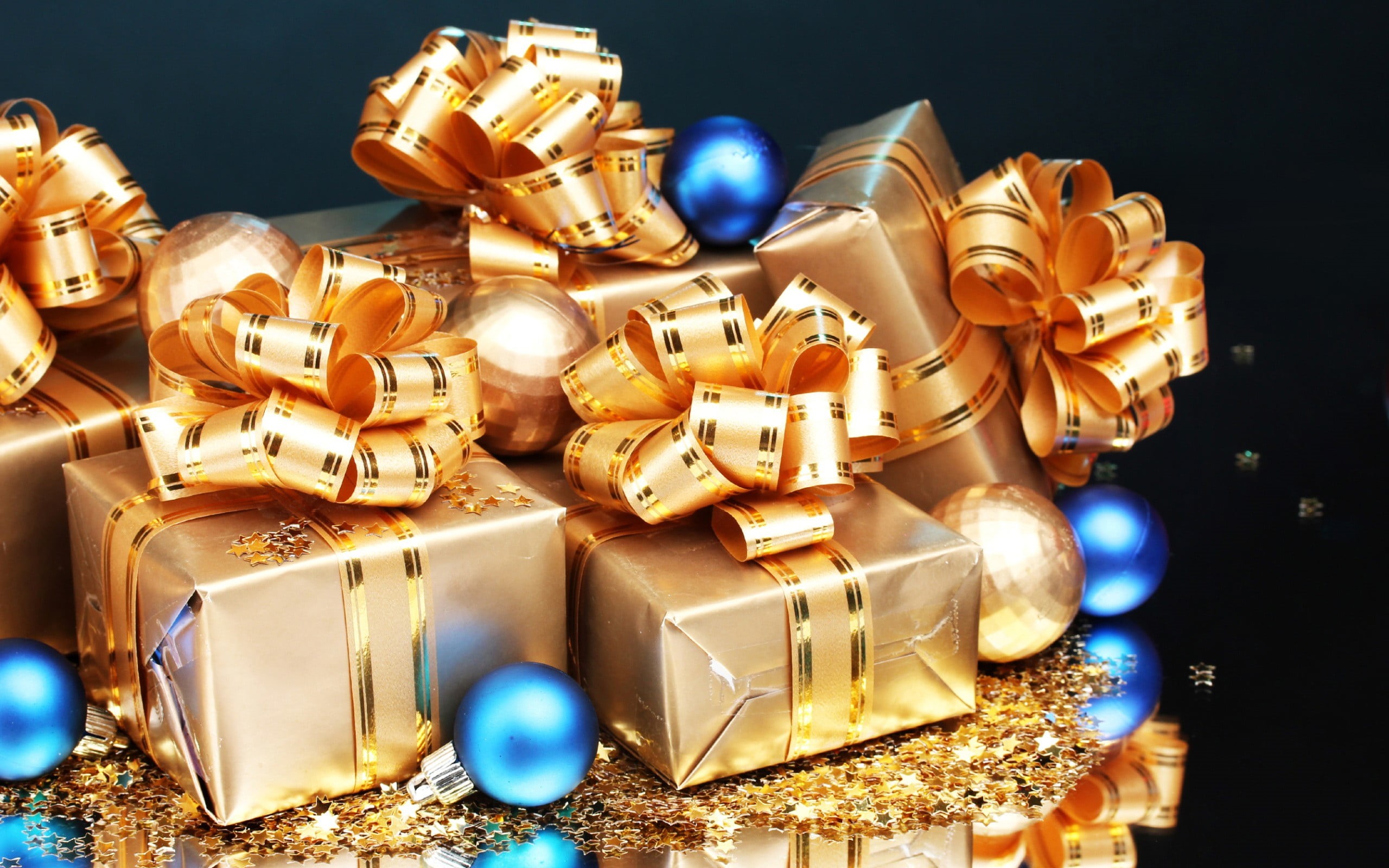 ribbon, black background, blue, choice, indoors, still life, presents, illuminated, large group of objects, gold colored, gray, boxes, sparkles, box - container, HD Wallpaper