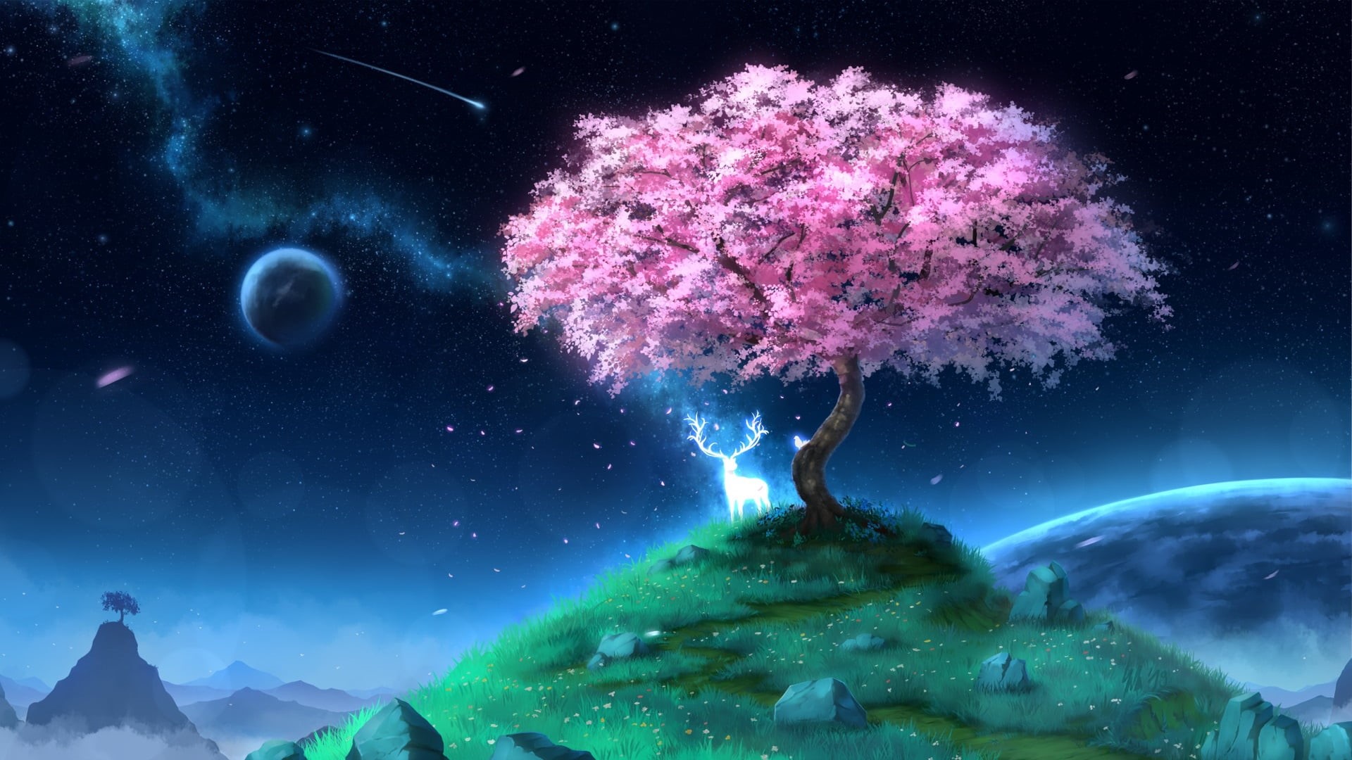 1080P, spirit, Sakura, hill, deer, HD Wallpaper