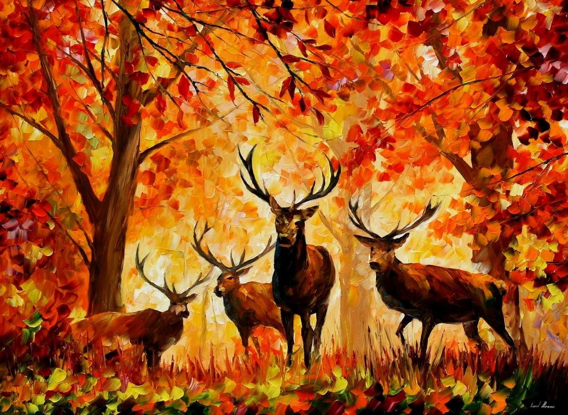 deer, artwork, painting, fall, 480P, trees, animals, Leonid Afremov, HD Wallpaper