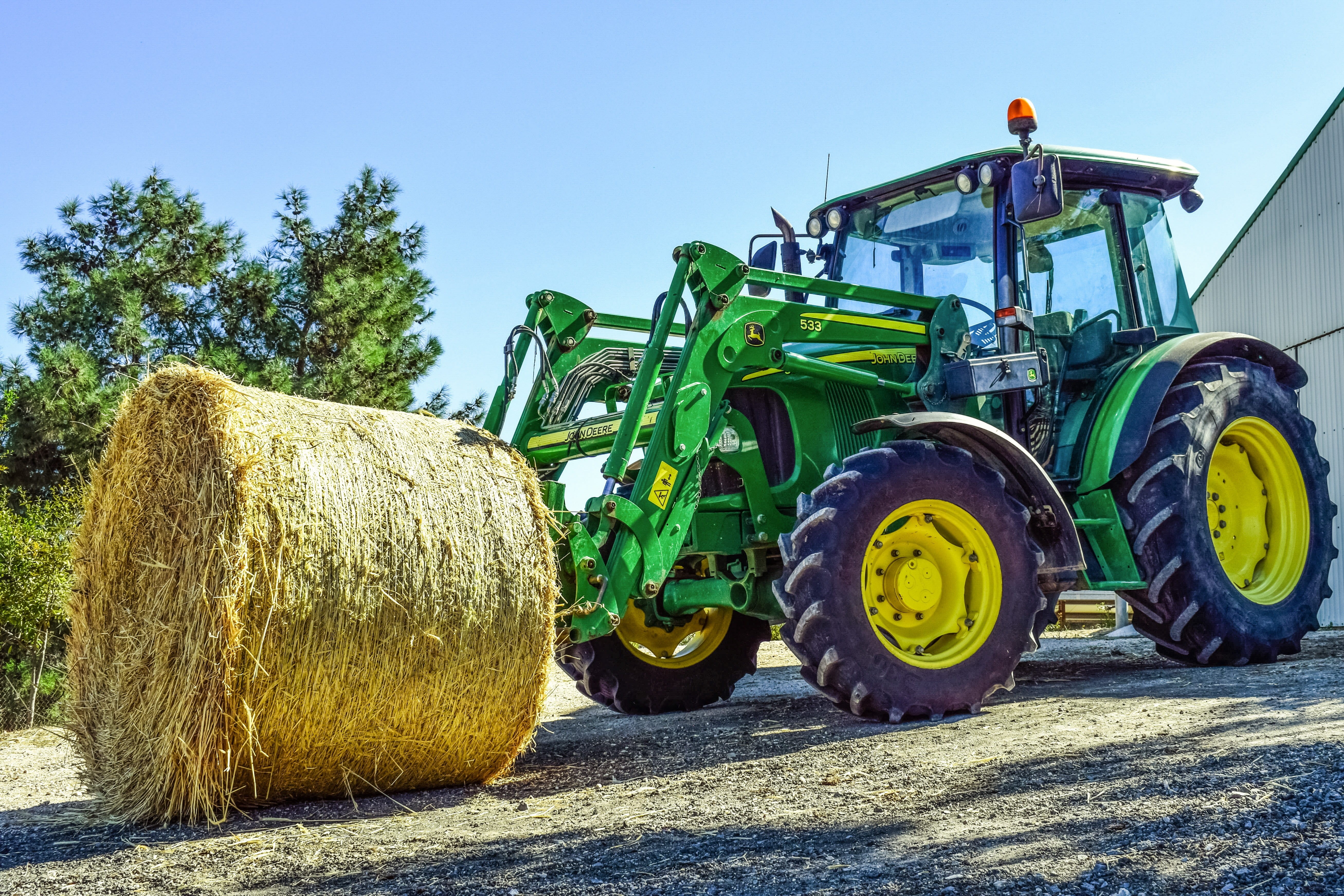 tree, agriculture, machinery, field, sunlight, wheel, plant, farming, agricultural, hay, agricultural machinery, no people, countryside, rural scene, tractor, HD Wallpaper