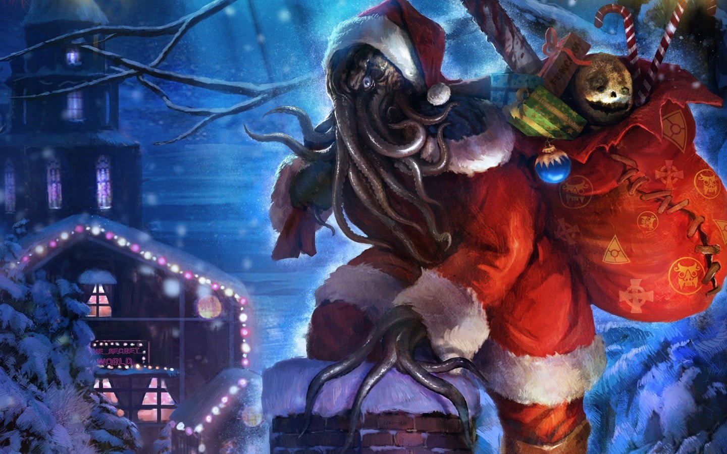 Santa Claus, 720P, night, celebration, art and craft, Cthulhu, building exterior, presents, decoration, holiday, representation, human representation, HD Wallpaper