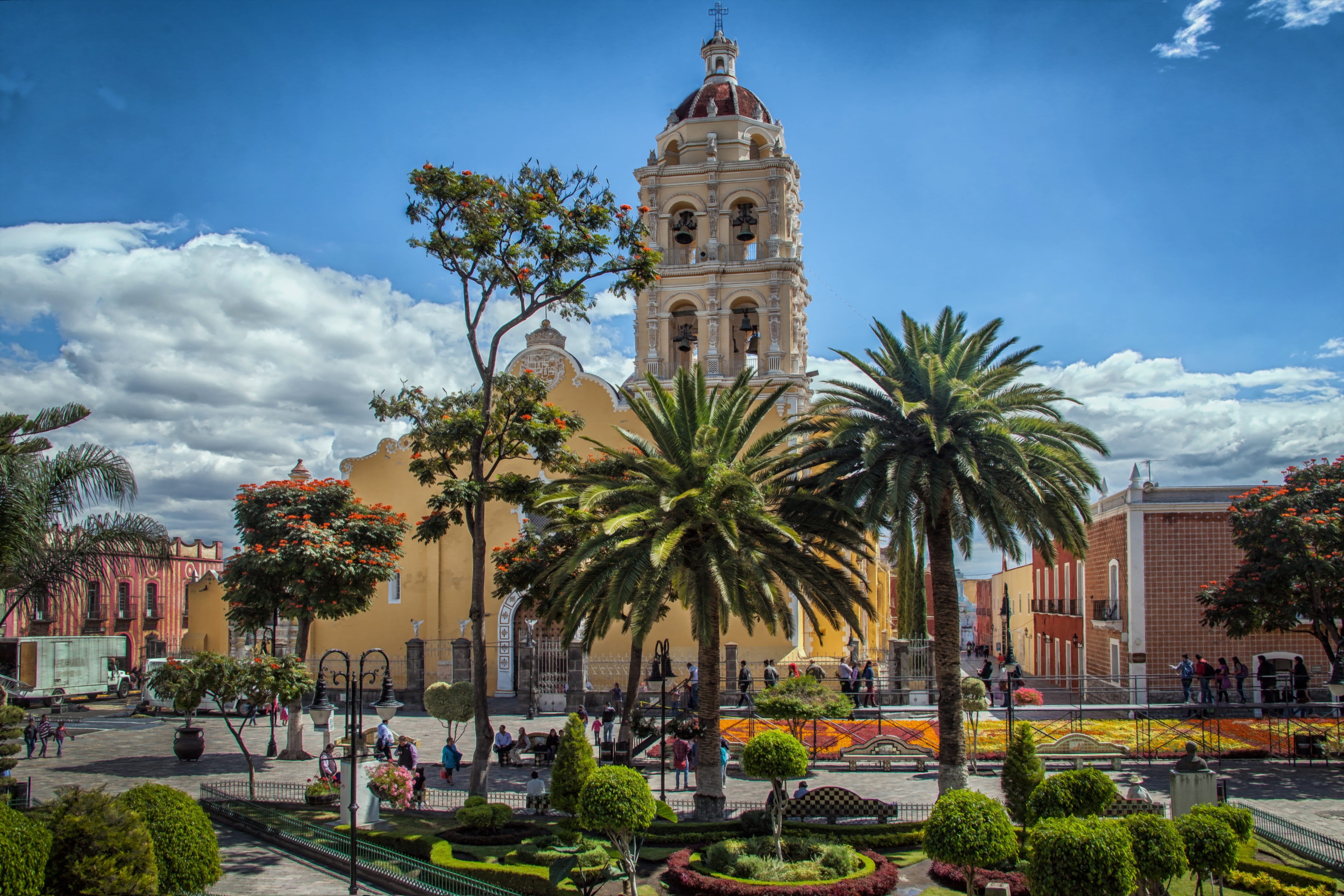 belief, sky, atlixco, palm trees, tropical, building, built structure, cloud - sky, architecture, tower, mexican, tree, scenic, spirituality, travel destinations, HD Wallpaper