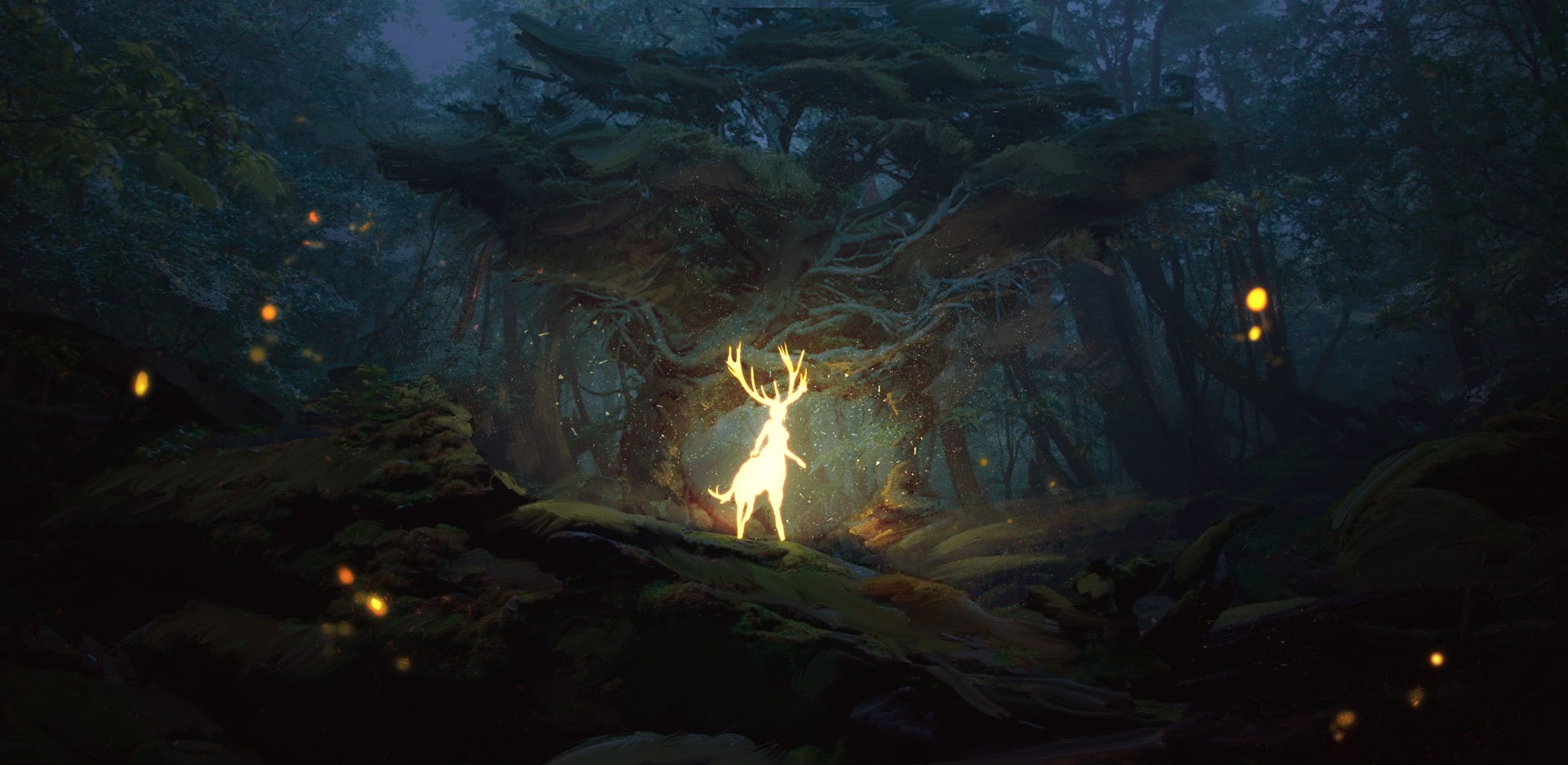 forest, 1080P, silhouette, landscape, deer, digital art, lights, dryads, fantasy art, HD Wallpaper