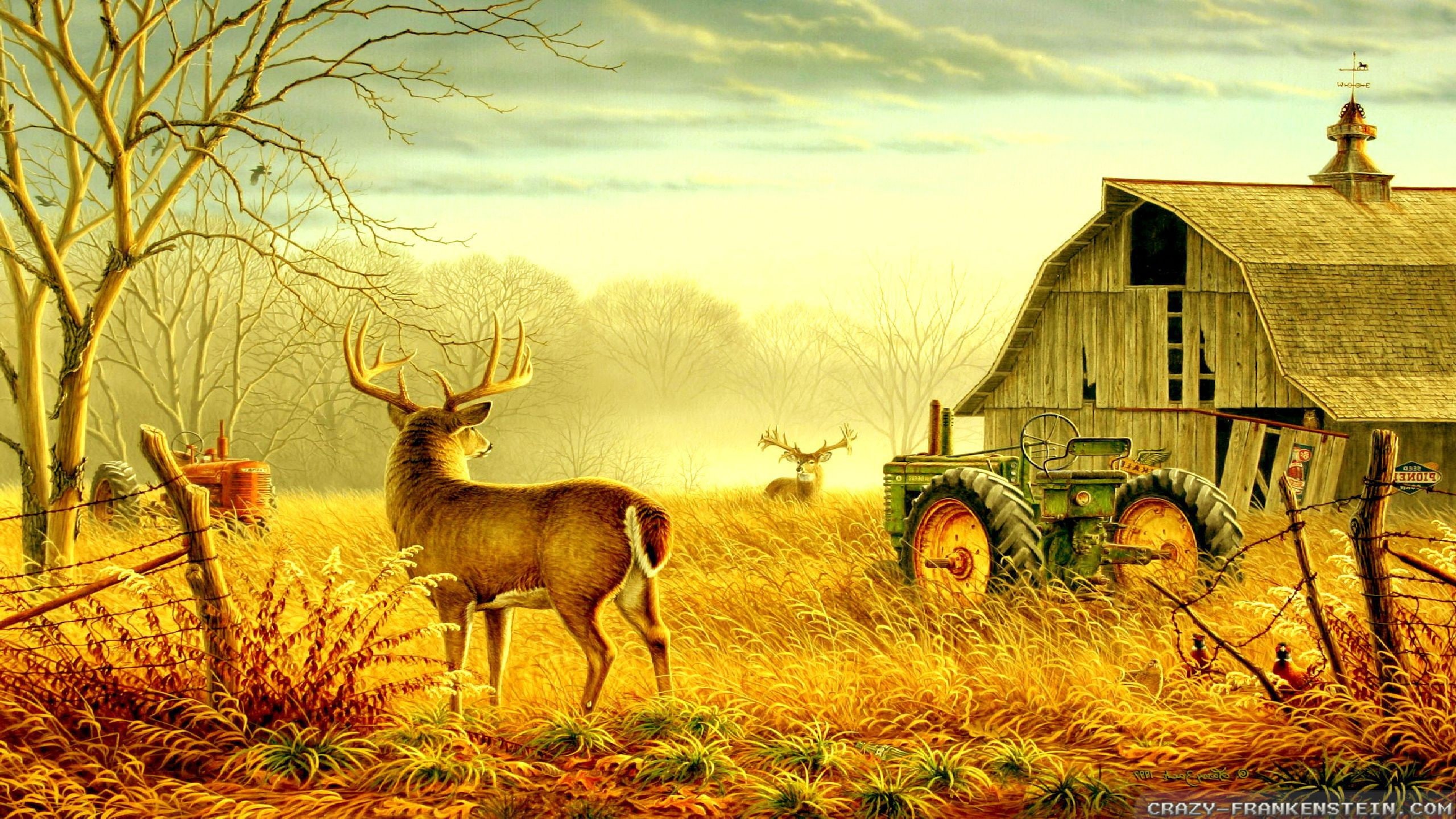 2K, tractor, tree, hd, 2560x1440, artistic, deer, Farm, barn, HD Wallpaper