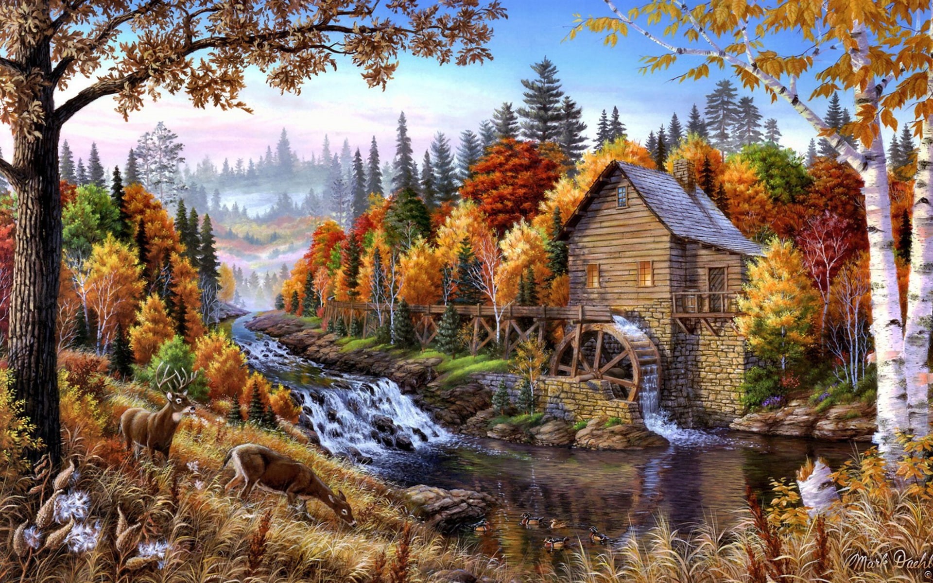 art, mountain, pine, wooden, 1080P, deer, waterfall, fall, mill, river, forest, trees, hd, HD Wallpaper