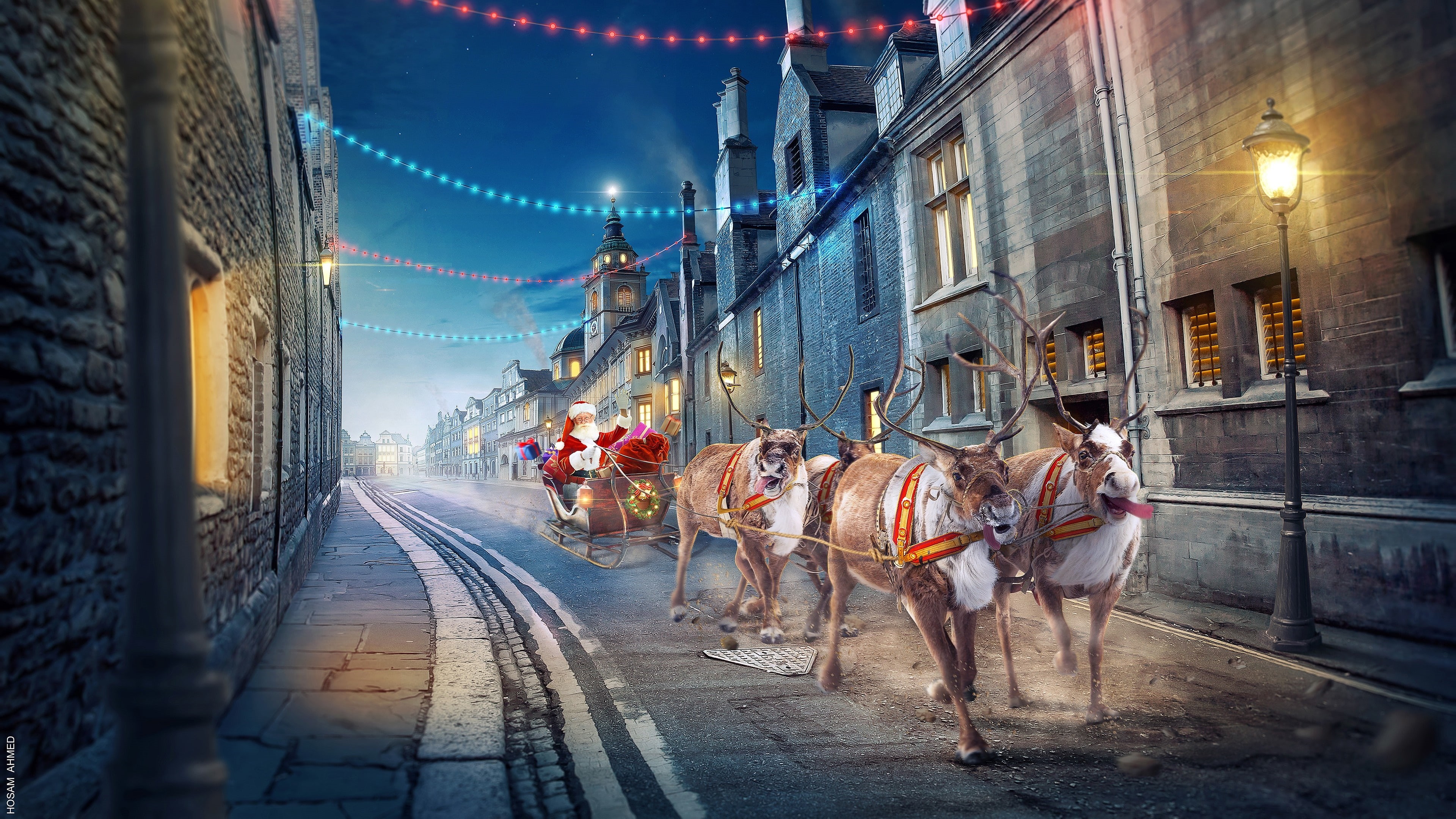 sleigh, santa sleigh, santa, chrismas, reindeer chariot, winter, night, evening, santa claus, chariot, street light, reindeer, 4K, city, street, road, HD Wallpaper