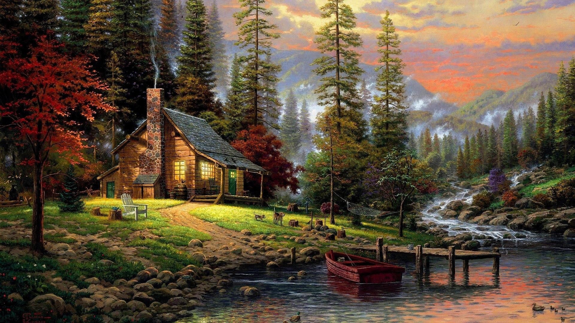chalet, pine tree, lake, cozy, 1080P, nature, painting art, house, romantic, painting, cosy, mountain, forest, pier, boat, HD Wallpaper