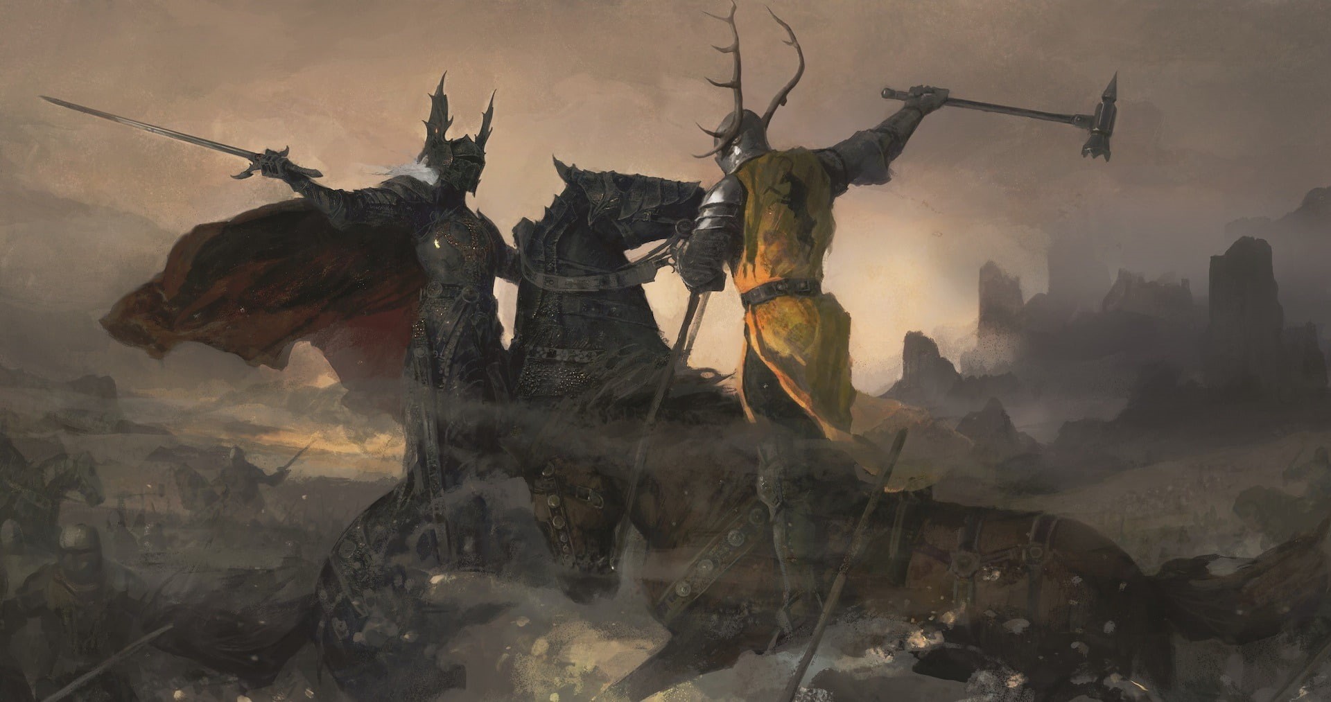 history, Warhammer, 1080P, animal themes, the past, Robert Baratheon, architecture, knight, outdoors, horse, sword, day, animal body part, fog, sunset, HD Wallpaper