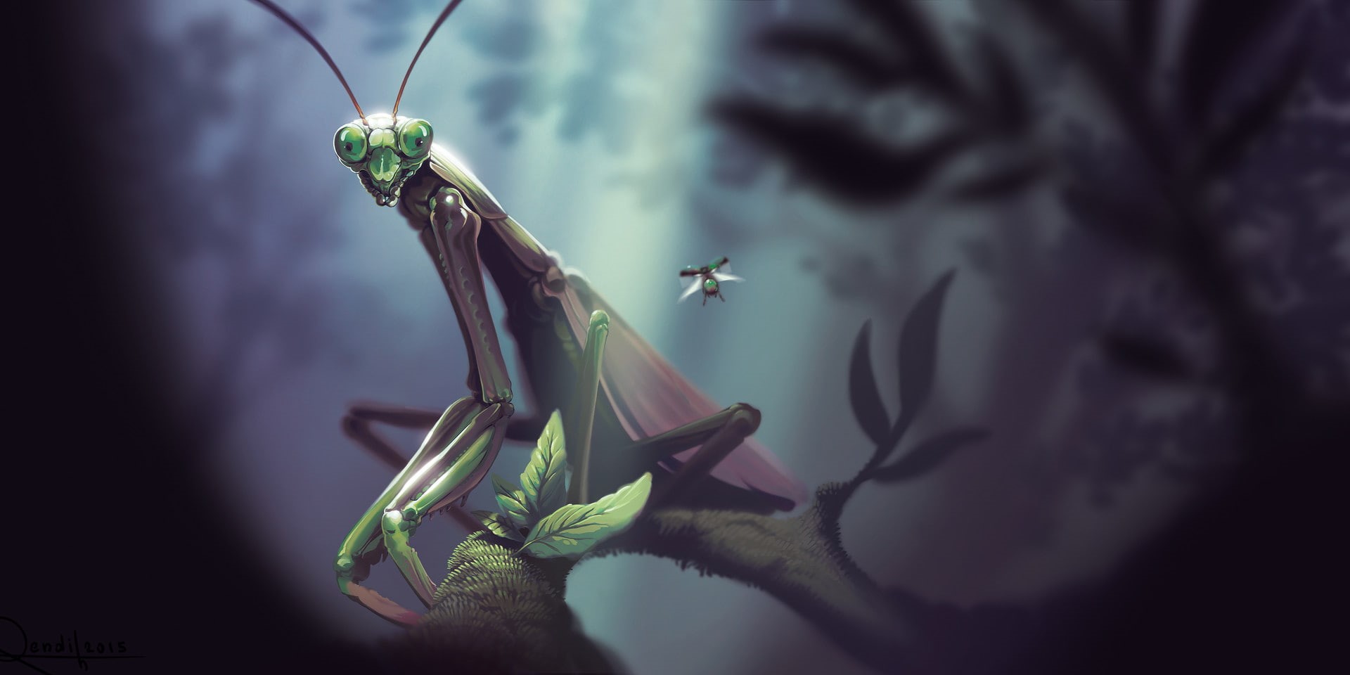 insect, macro, 1080P, Praying Mantis, painting, Lorenzo Lanfranconi, leaves, nature, HD Wallpaper