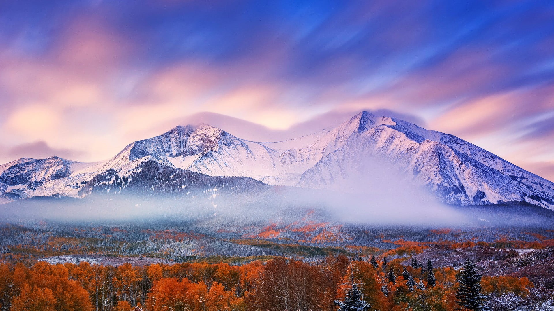 long exposure, mountains, nature, white, mountain range, snow, trees, scenics - nature, environment, sunset, landscape, tranquility, clouds, snowy peak, HD Wallpaper
