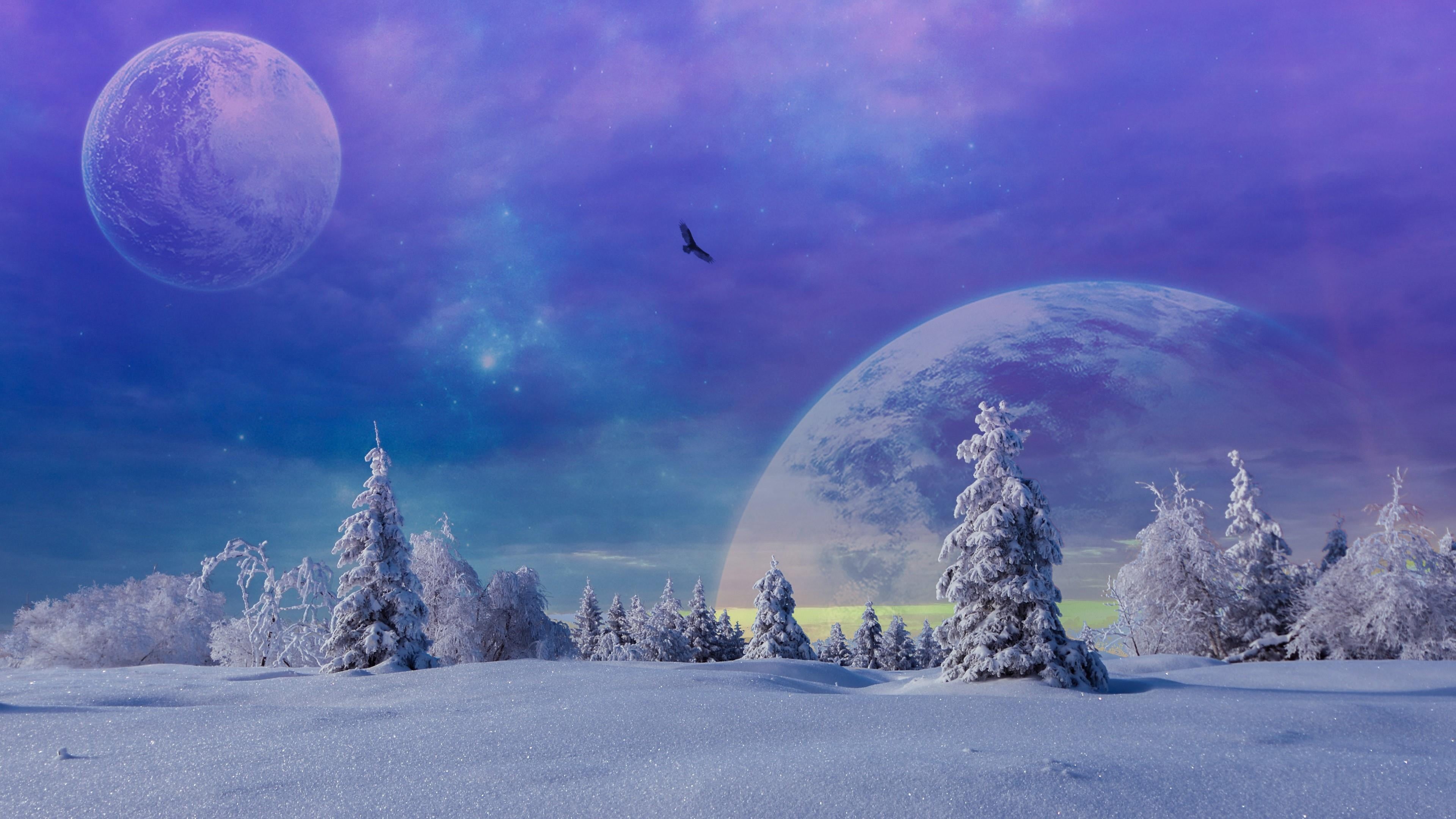 outer space, fantasy art, sky, environment, landscape, scenics - nature, snow, pines, snowy, cold temperature, tranquility, tree, beauty in nature, purple, HD Wallpaper