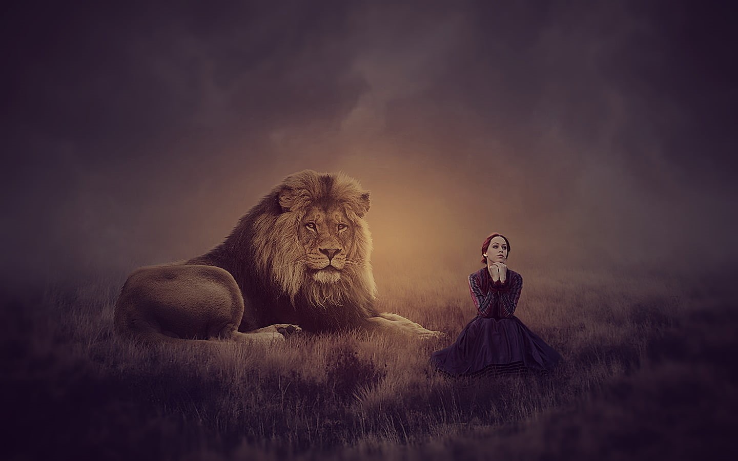 women, lion, adult, sky, full length, mammal, dusk, one animal, emotion, people, beauty in nature, fantasy, mystery, photo manipulation, animal wildlife, HD Wallpaper