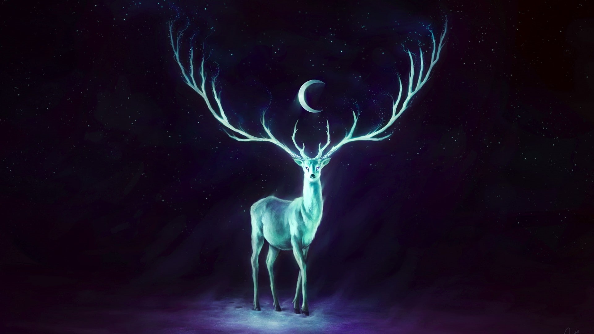 fantasy, Moon, glowing, stag, abstract, x, 1080P, hd, artwork, horns, deer, art, HD Wallpaper