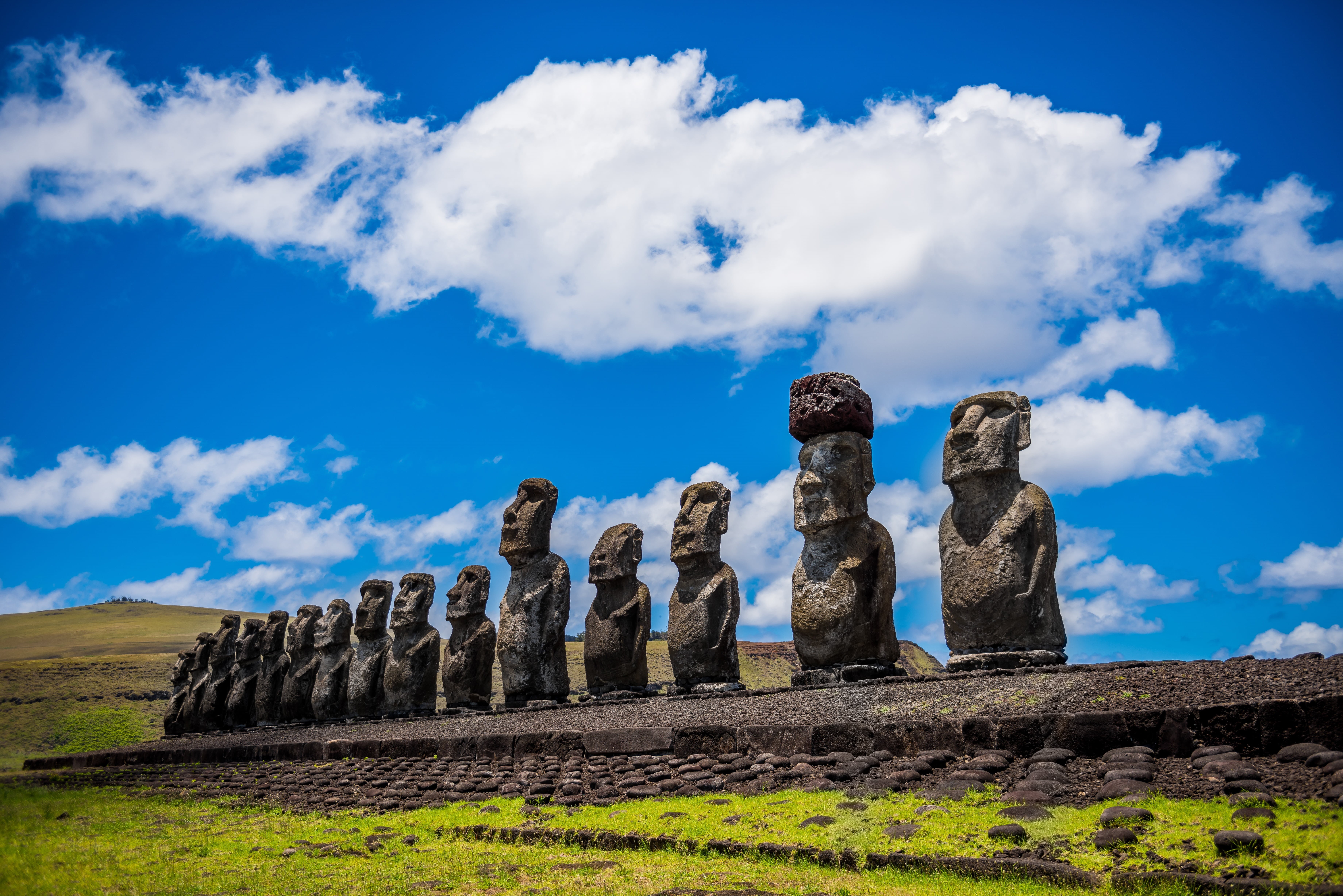 the past, ancient civilization, blue sky, built structure, statue, sculpture, art and craft, nature, clouds, mystery, ancestral, easter island, architectural column, HD Wallpaper