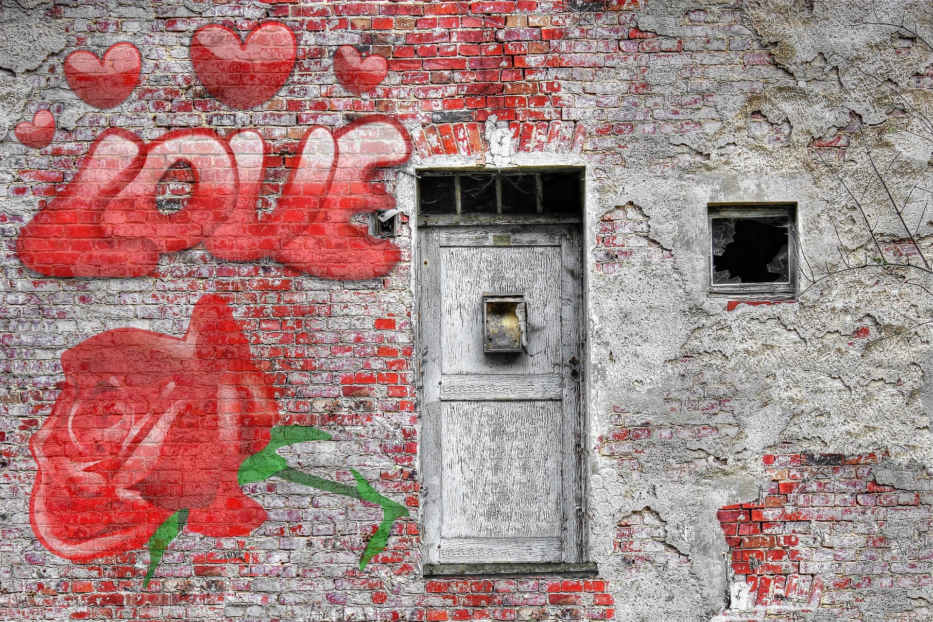 building exterior, romantic, building, male, woman, day, brick, adult, red, embracing, valentine, decoration, 1080P, couple, wall - building feature, love, HD Wallpaper