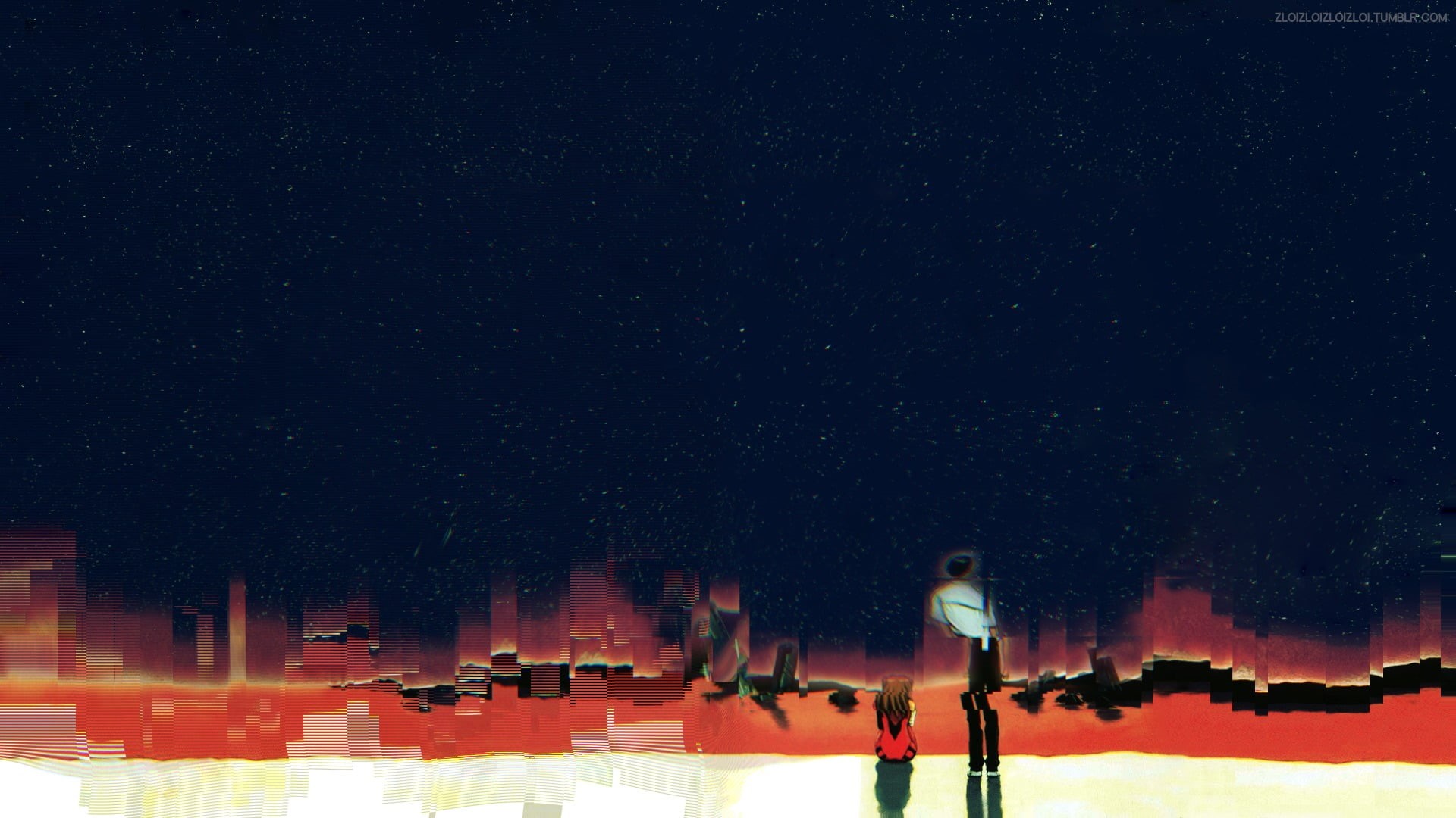 standing, built structure, abstract, glitch art, star - space, star, adult, astronomy, Neon Genesis Evangelion, one person, architecture, sky, rear view, HD Wallpaper