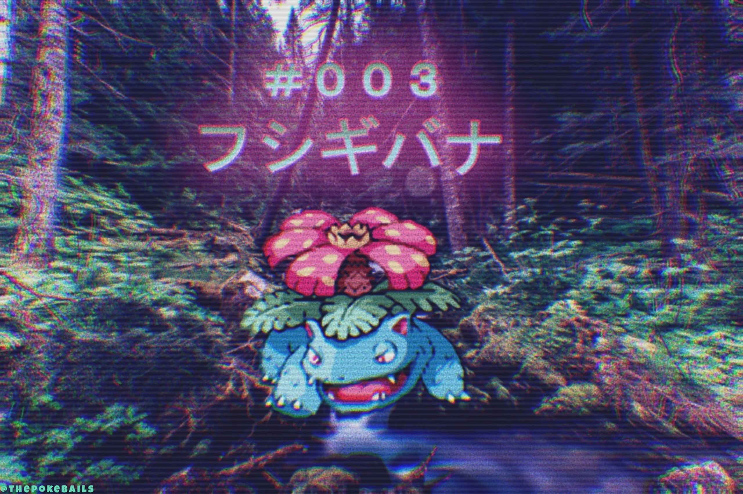Venusaur, forest, Pokémon, Fushigibana, 2K, Japanese, aestethic, nature, Nintendo, landscape, stream, plants, vaporwave, HD Wallpaper