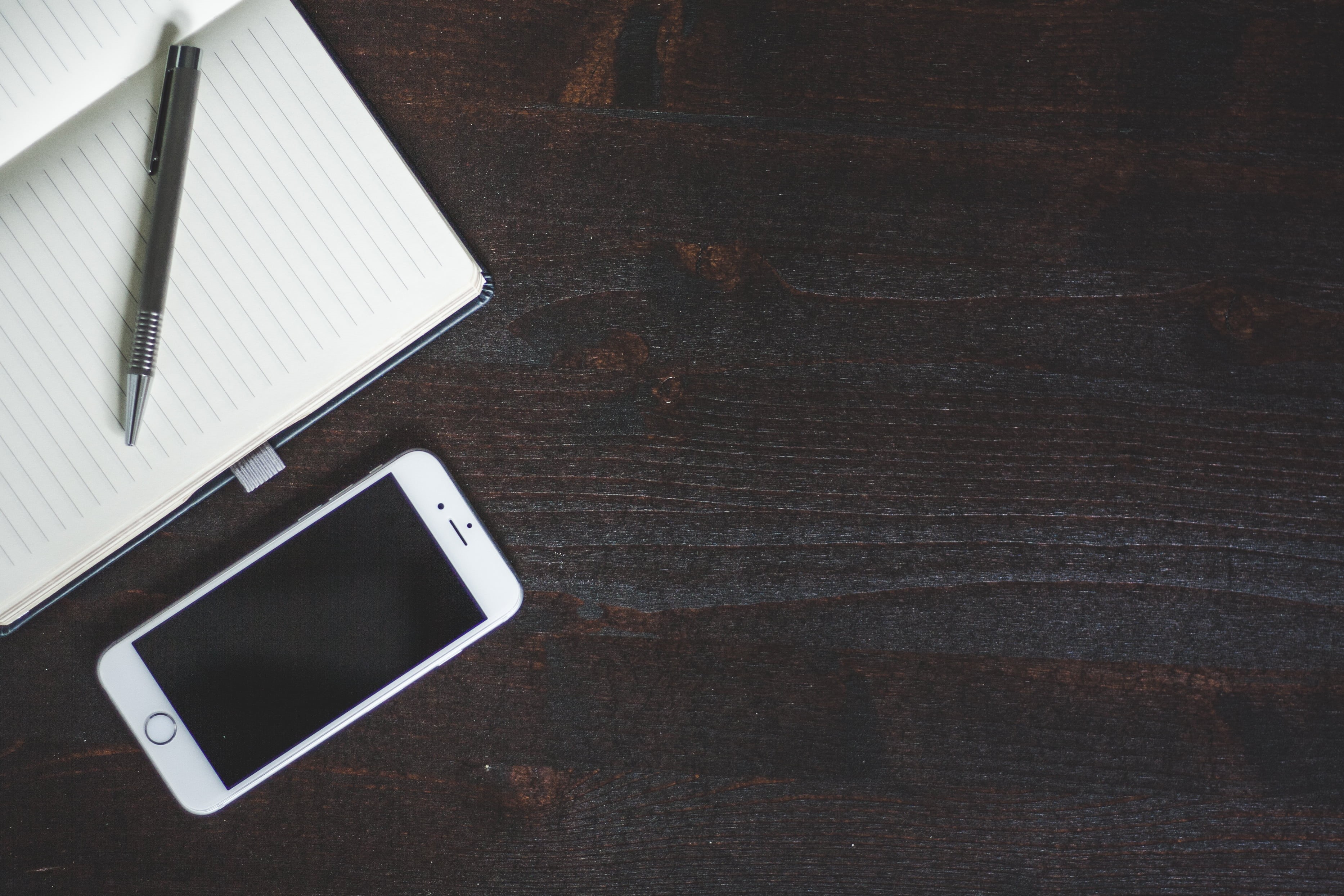 silver, day, directly above, desk, workspace, wooden, phone, work, high angle view, surface, connection, close-up, indoors, turned, 2K, minimalist, portable information device, HD Wallpaper
