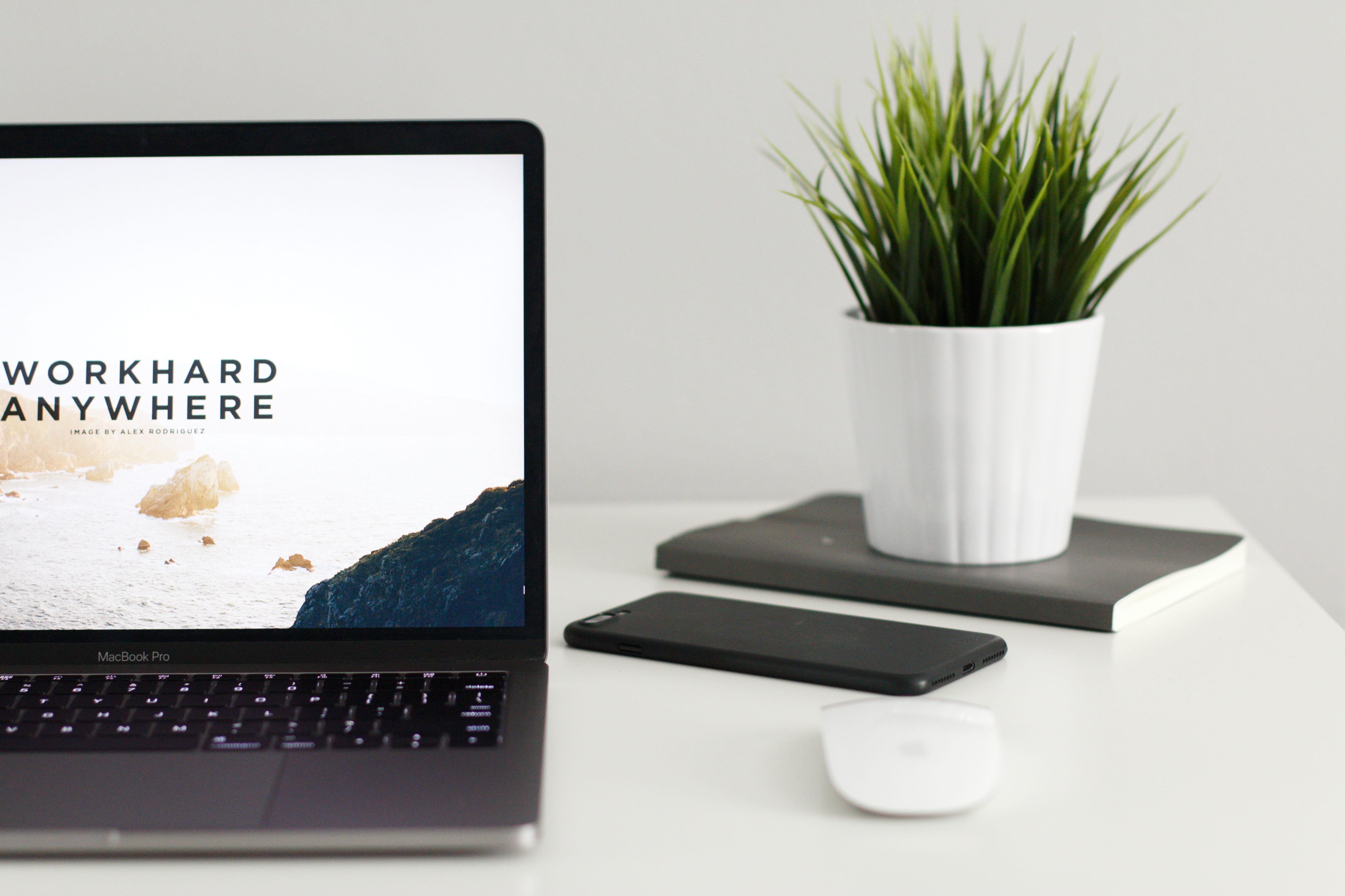 desk top, macbook, communication, internet, keyboard, black, laptop, smart phone, potted plant, portability, no people, connection, near, device screen, HD Wallpaper