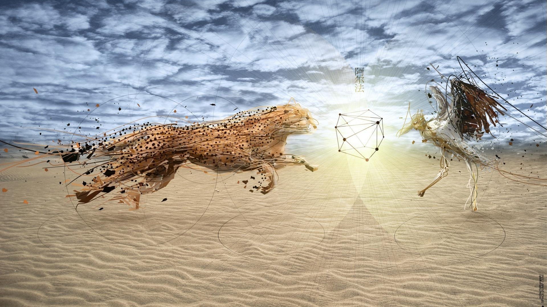 nature, clouds, cheetahs, birds, kanji, circle, sun rays, 1080P, animals, 3D, cranes (bird), wireframe, sand, low poly, artwork, photo manipulation, digital art, HD Wallpaper