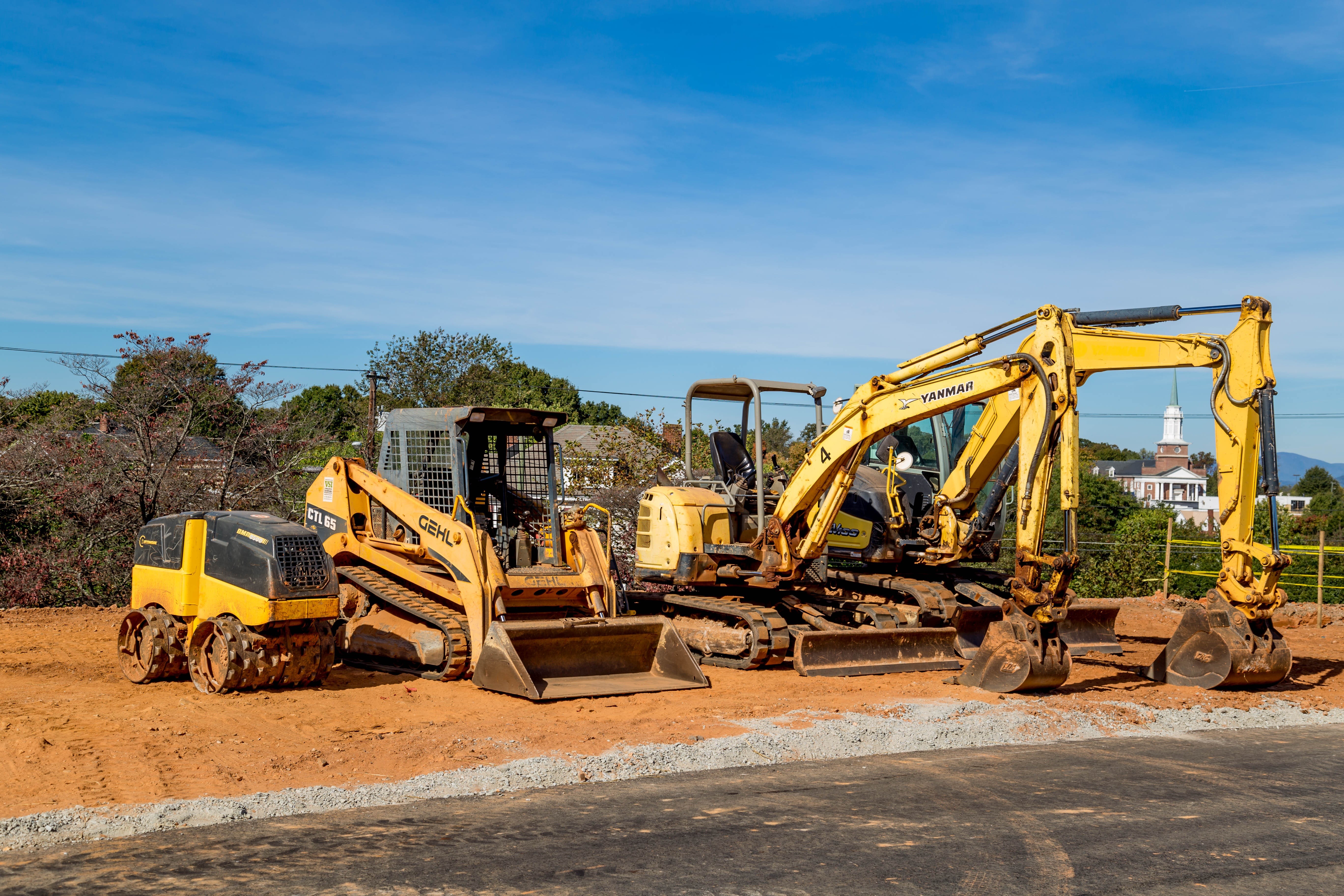 heavy equipment, day, work, bulldozer, construction vehicle, vehicle, no people, land vehicle, outdoors, equipment, machinery, yellow, excavate, trees, HD Wallpaper
