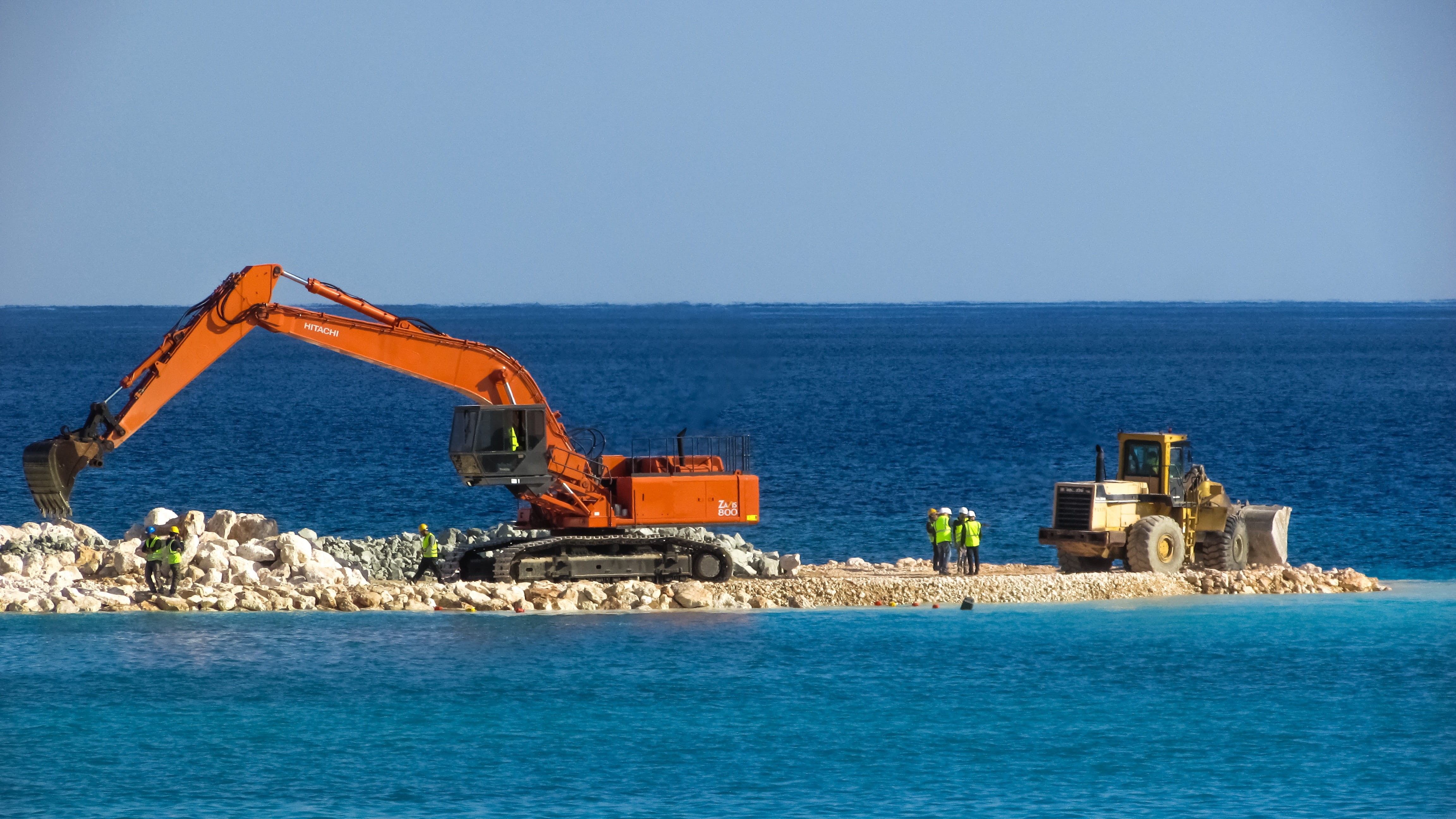 land, nature, marina, sea, construction equipment, Excavator, freight Transportation, industrial Ship, Vehicle, cyprus, construction Industry, 4K, Bulldozer, HD Wallpaper