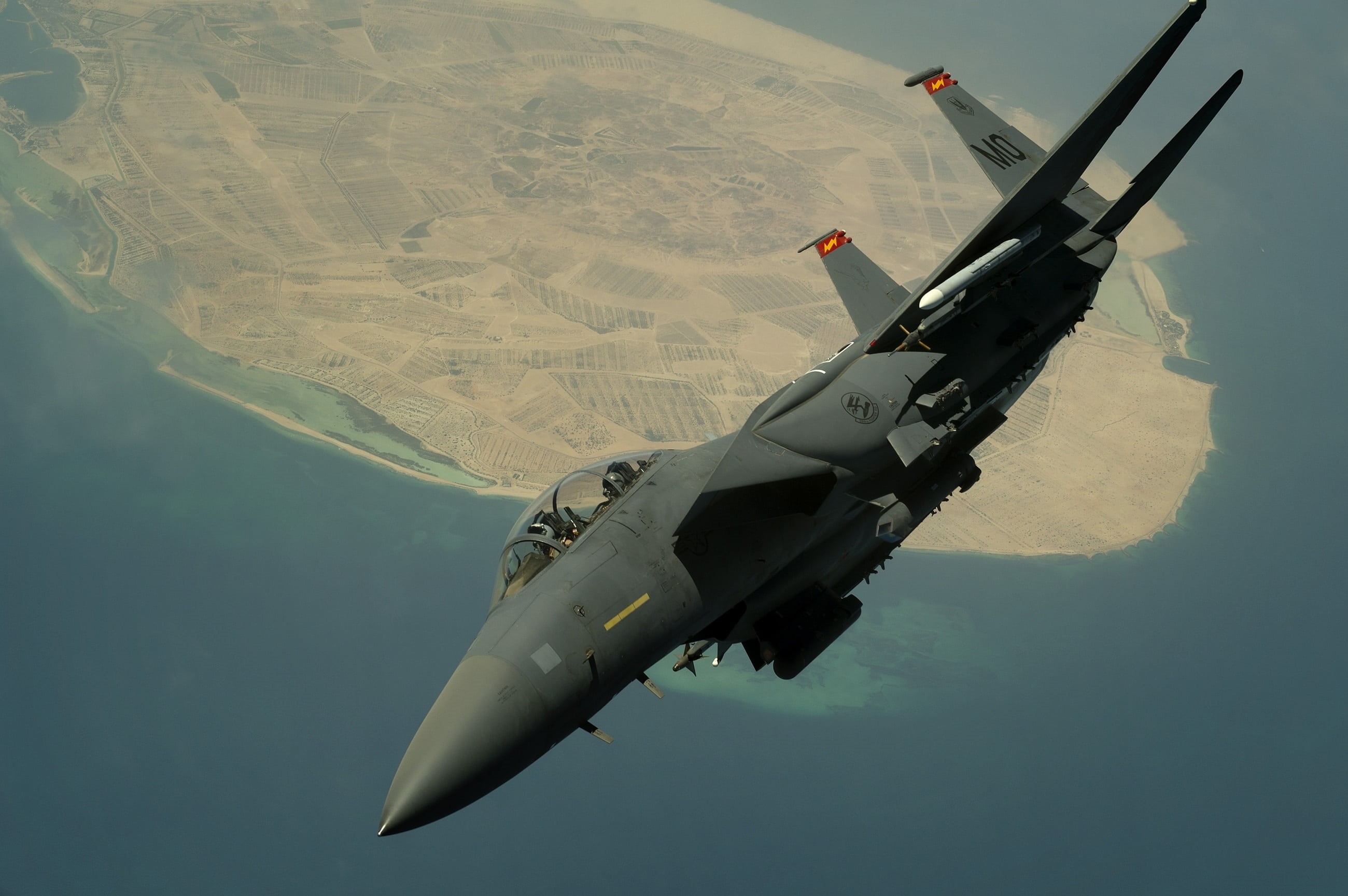 mid-air, no people, usa, air vehicle, transportation, aerial view, flight, day, f-15, military jet, environment, mode of transportation, defense, aircraft, HD Wallpaper