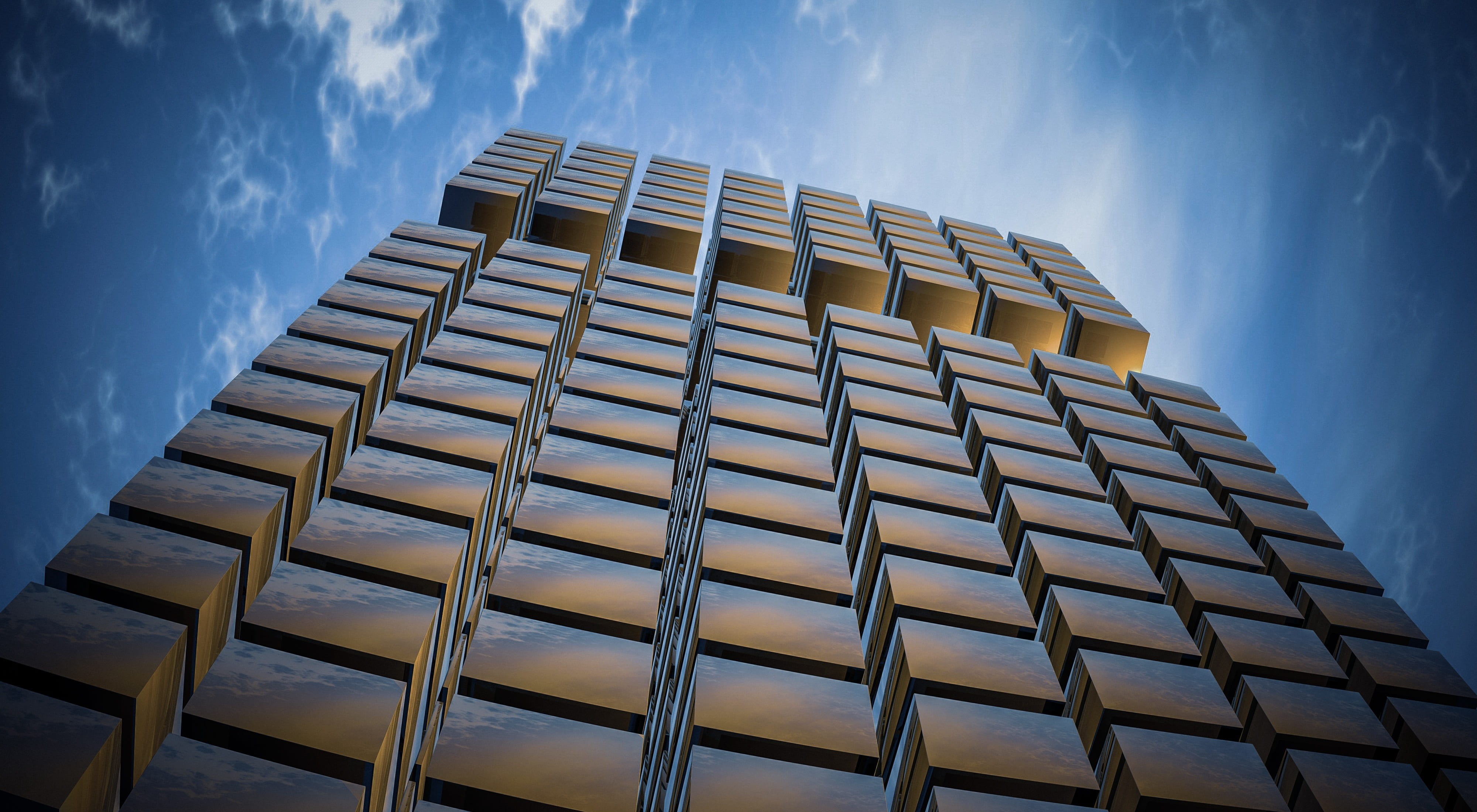 no people, architecture, 3d-model, computer graphics, window, office, outdoors, skyscraper, blue, metallic, photography, office building exterior, low, HD Wallpaper