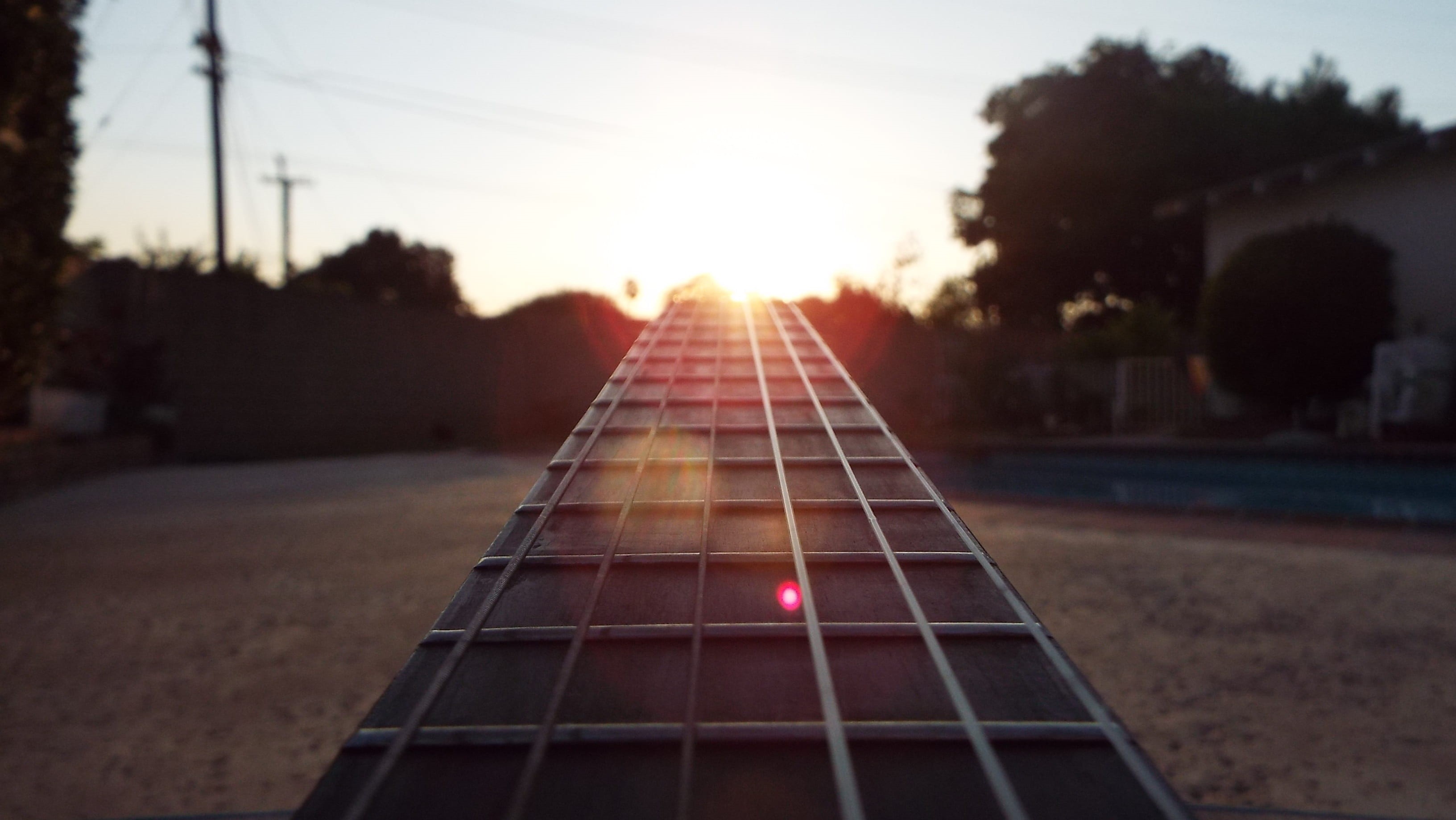 instrument, travel, string, song, architecture, pathway, sun, board, entertainment, tune, sunset, musician, transportation, guitar, wooden, wireframe, lens flare, HD Wallpaper