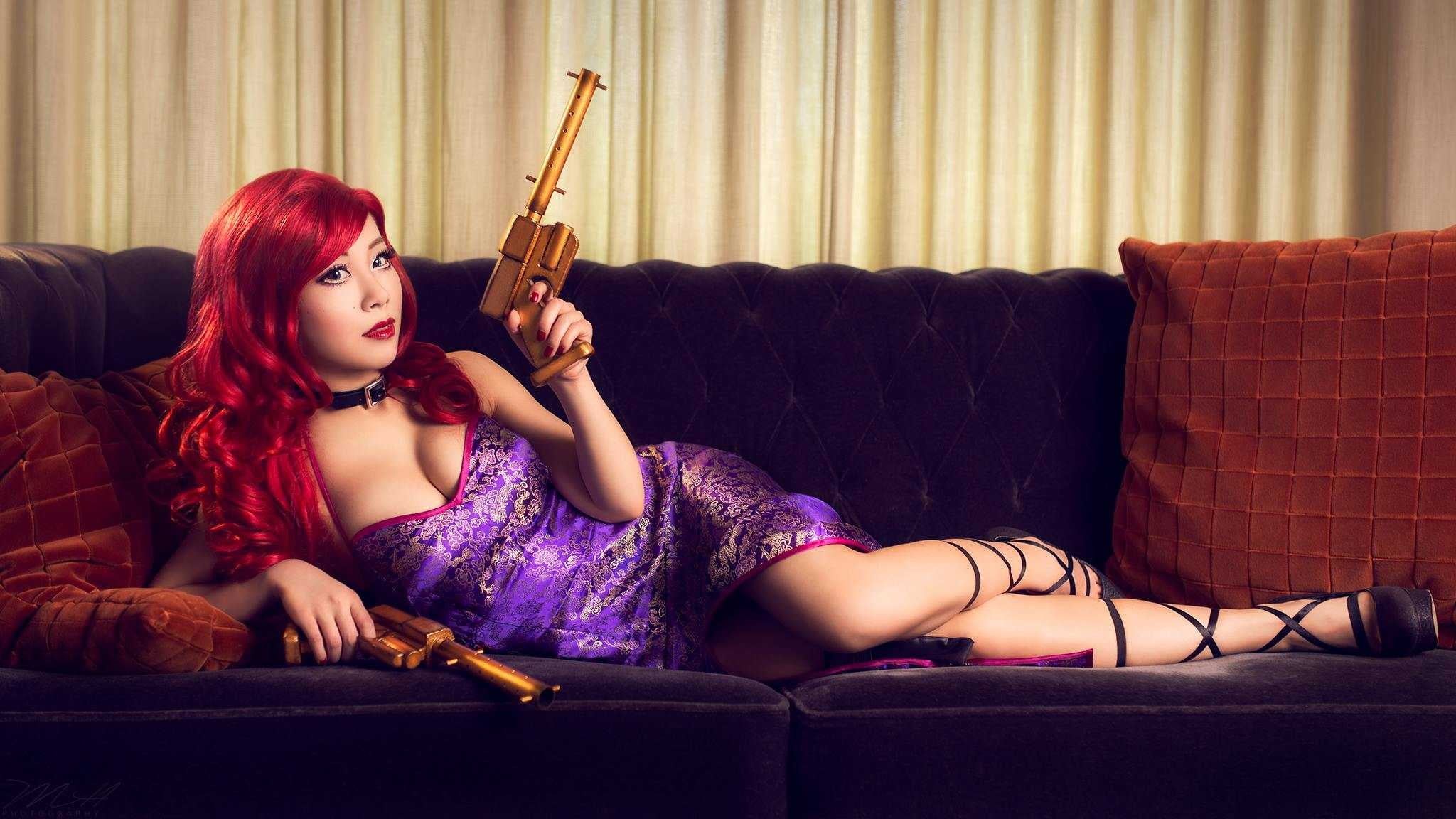 young women, indoors, beautiful woman, League of Legends, dyed red hair, girls with guns, adult, curtain, portrait, dress, beauty, looking at camera, hairstyle, HD Wallpaper