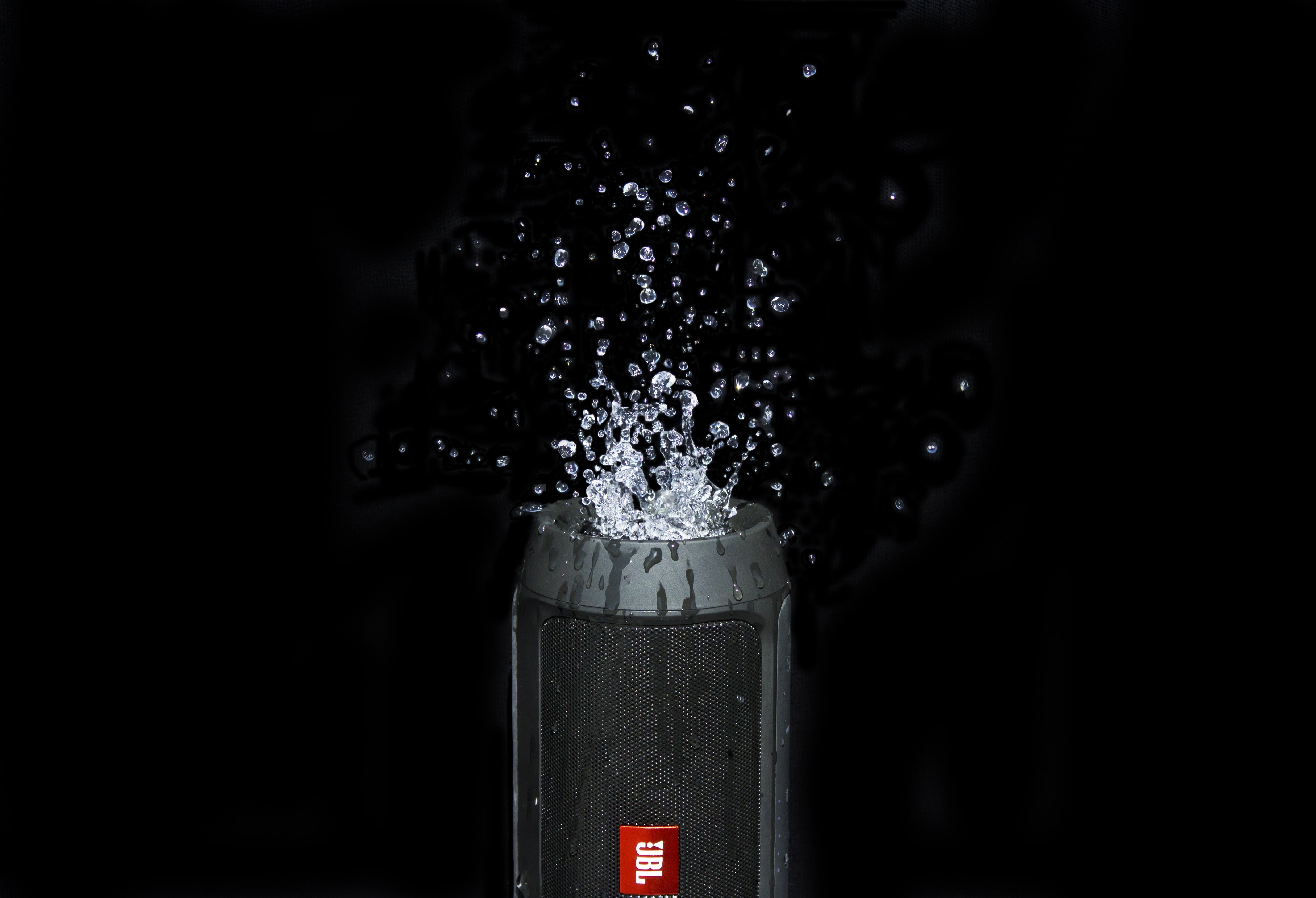 portable, stereo, freshness, drink, single object, splash, speakers, no people, studio shot, music, jbl, refreshment, motion, indoors, water, food, black color, HD Wallpaper