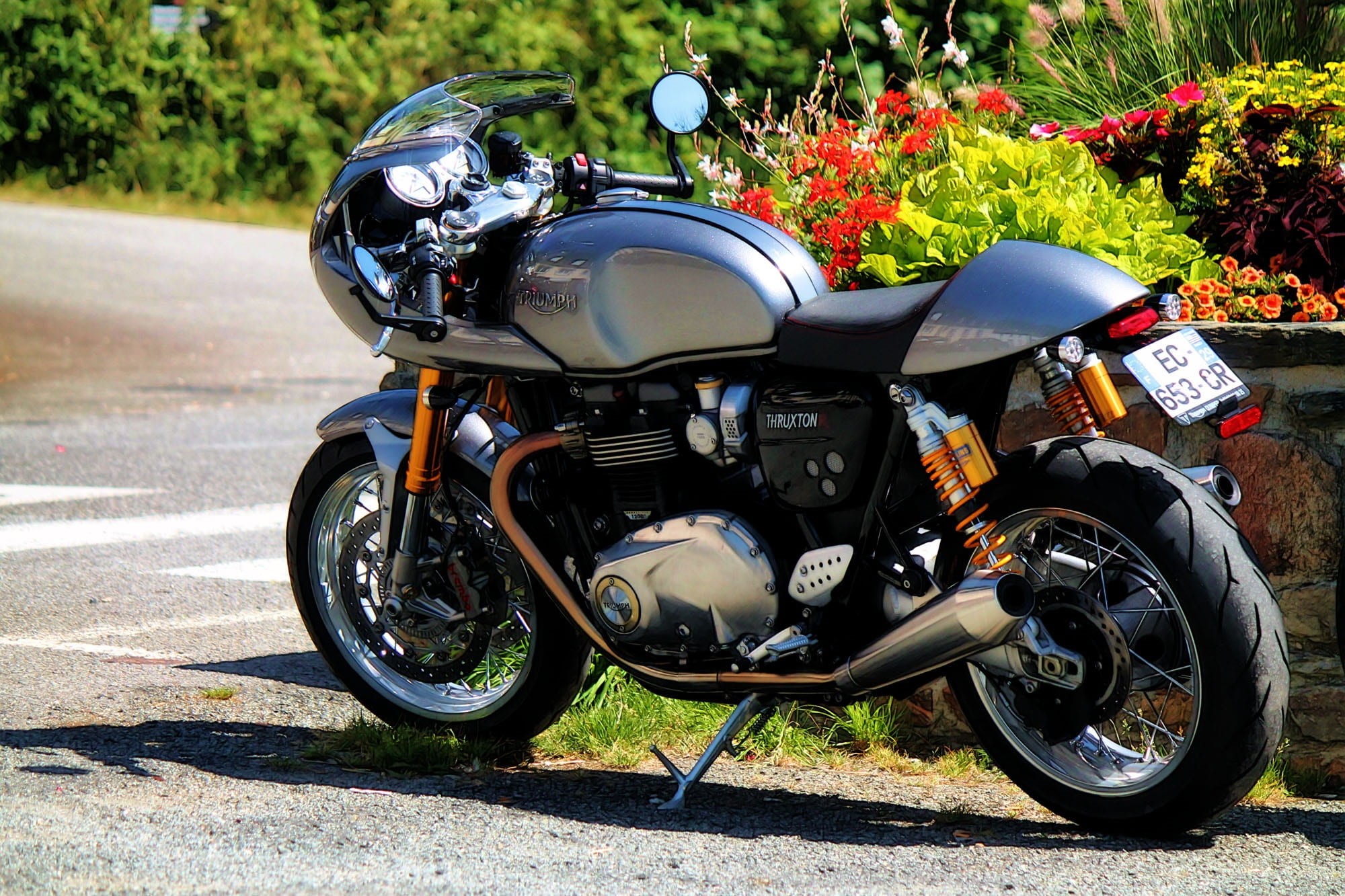 outdoors, parallel-twin, parking, no people, travel, motorcycle, city, tree, sunlight, shadow, day, street, road, plant, 1080P, stationary, nature, british, HD Wallpaper