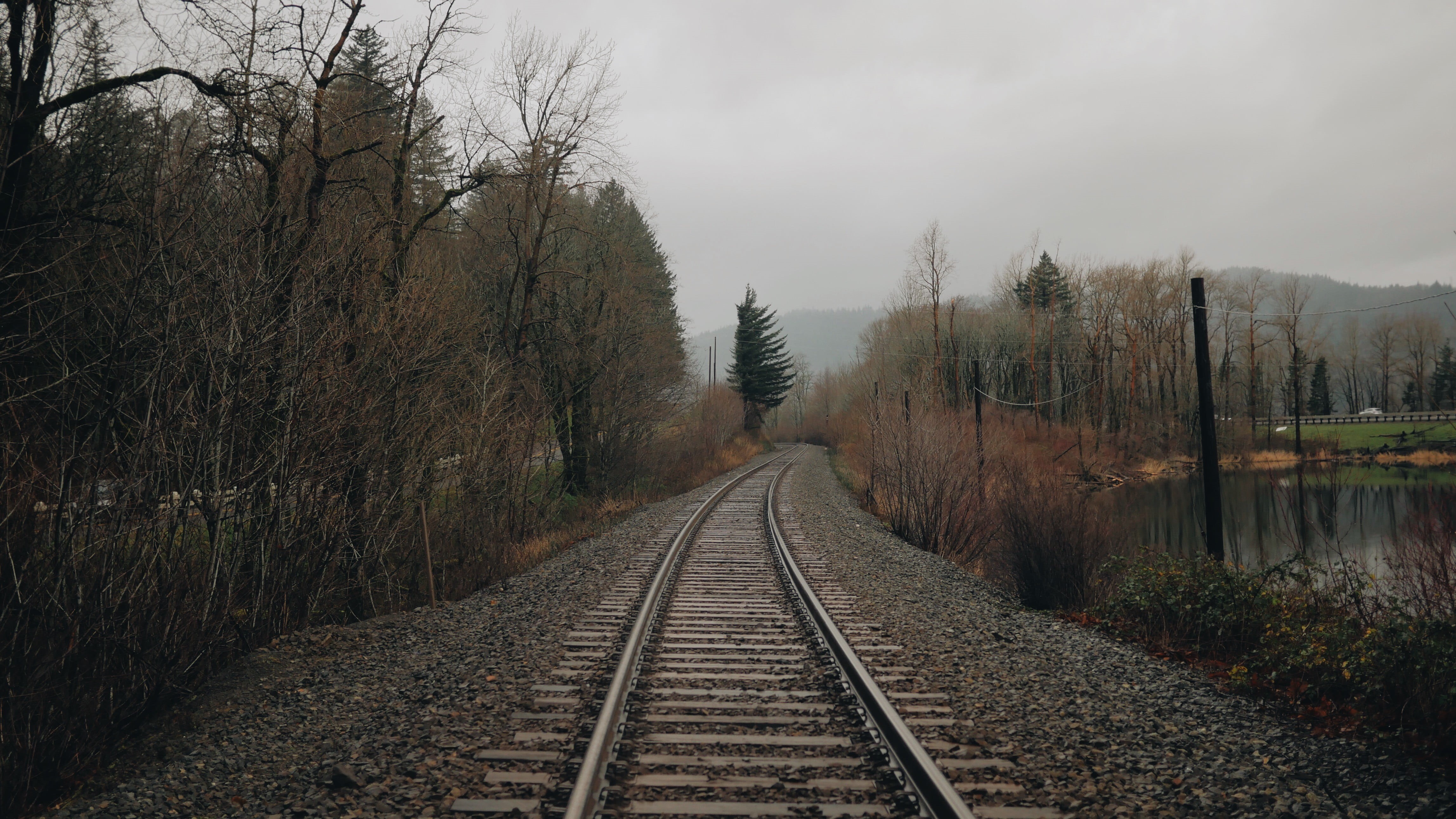railway, concrete, water, trees, track, tranquil scene, parallel, direction, rail transportation, bare tree, change, non-urban scene, white, sky, nature, HD Wallpaper