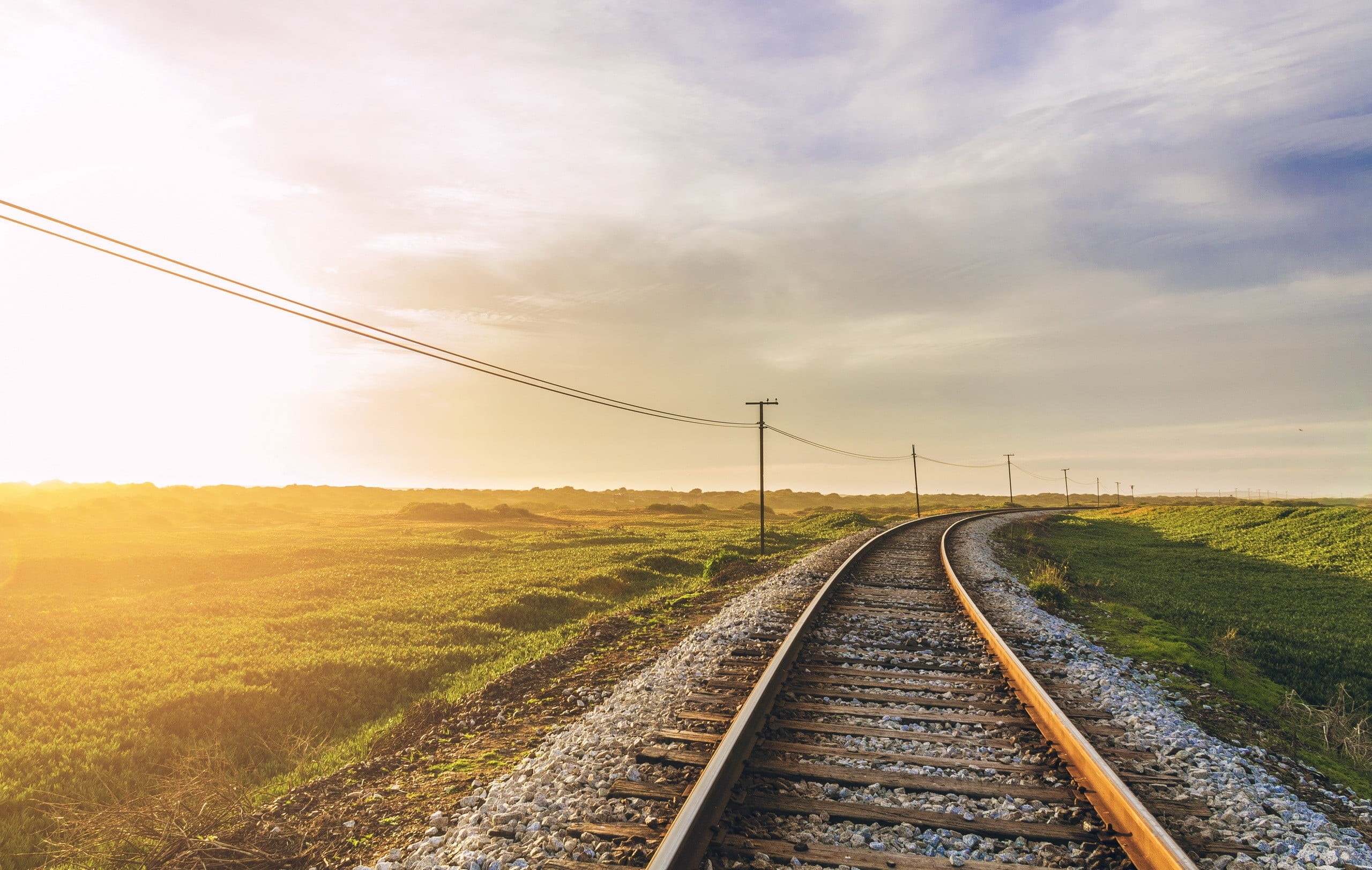 sunlight, environment, diminishing perspective, grass, track, the way forward, cloud - sky, black, railway, no people, parallel, white, power supply, sunset, HD Wallpaper