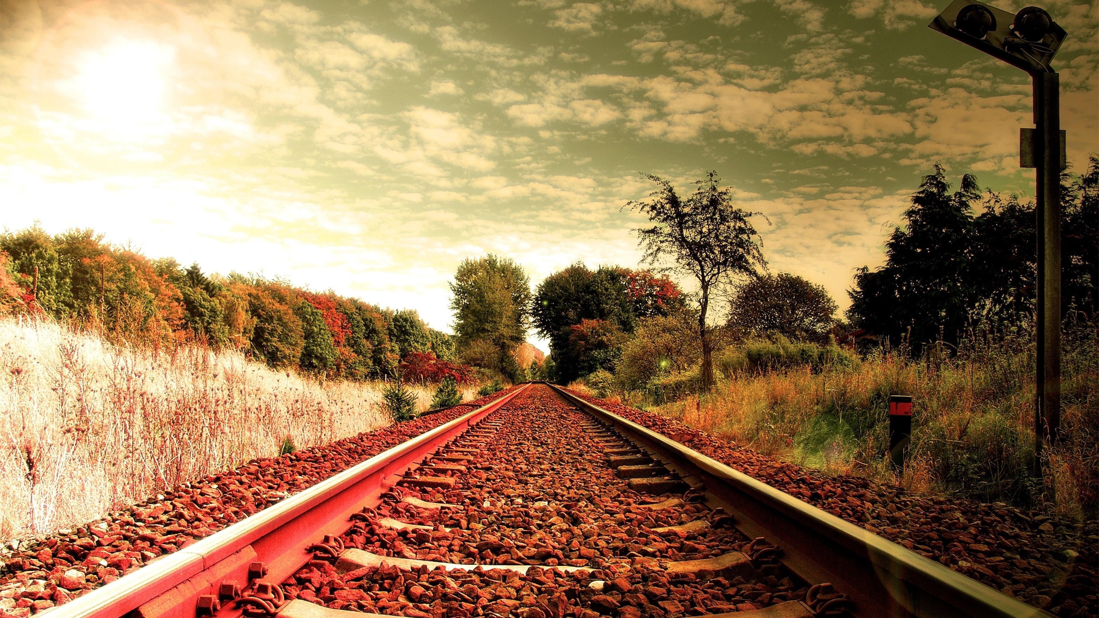 sunlight, 4K, plant, countryside, rail transportation, straight, land, tranquil scene, nature, beauty in nature, landscape, tree, parallel, the way forward, HD Wallpaper
