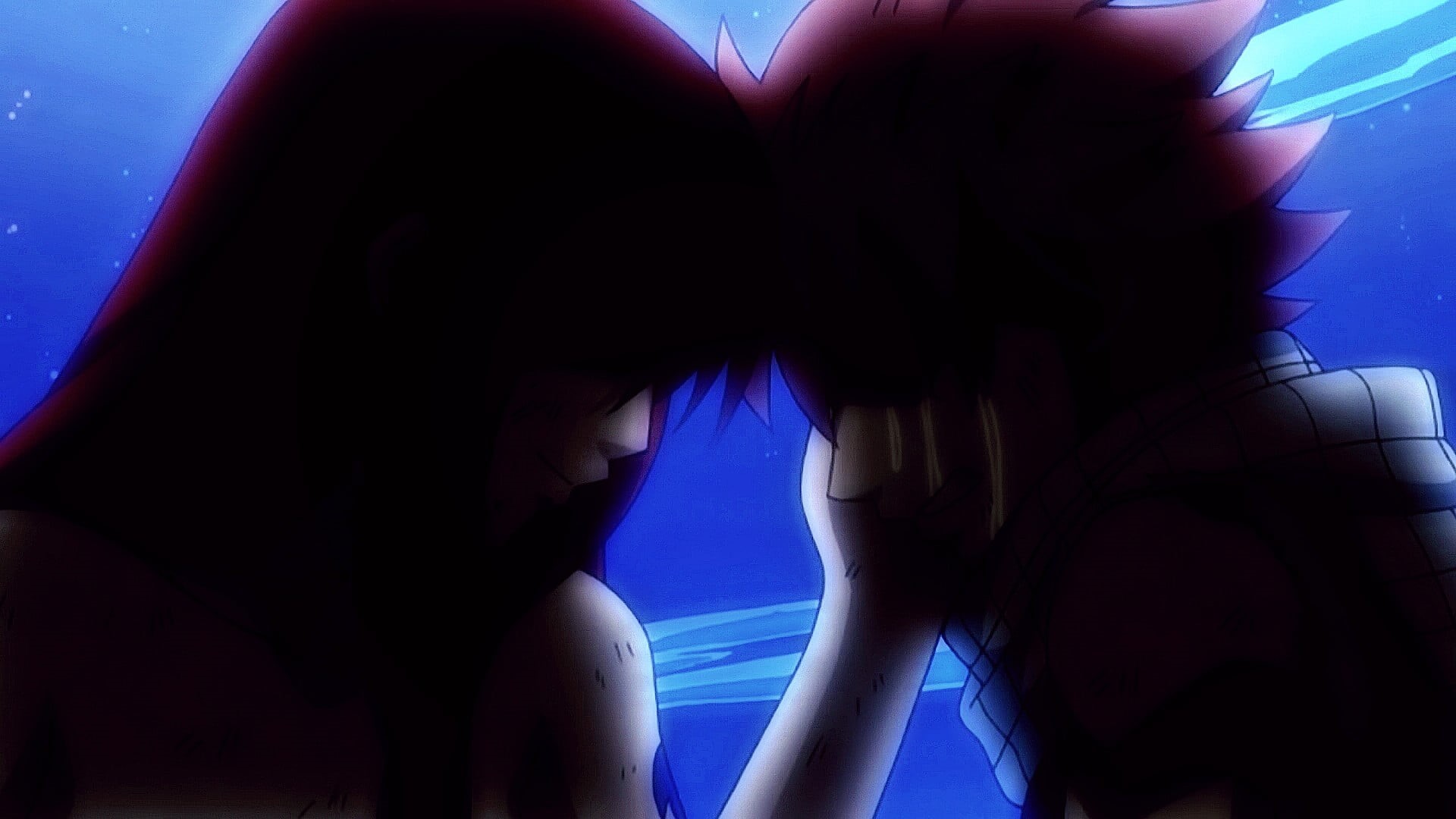 emotion, women, people, young women, blue, Scarlet Erza, 1080P, Dragneel Natsu, romantic, togetherness, beautiful woman, indoors, young adult, sad, two, HD Wallpaper