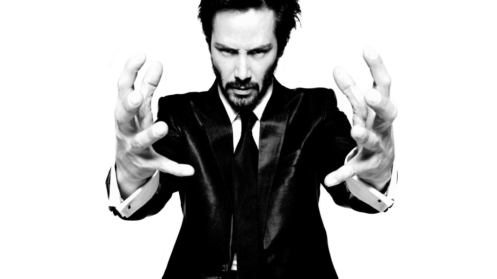 keanu, front view, aggression, cut out, black background, indoors, hand, males, young adult, actor, monochrome, business, men, white background, one person, HD Wallpaper