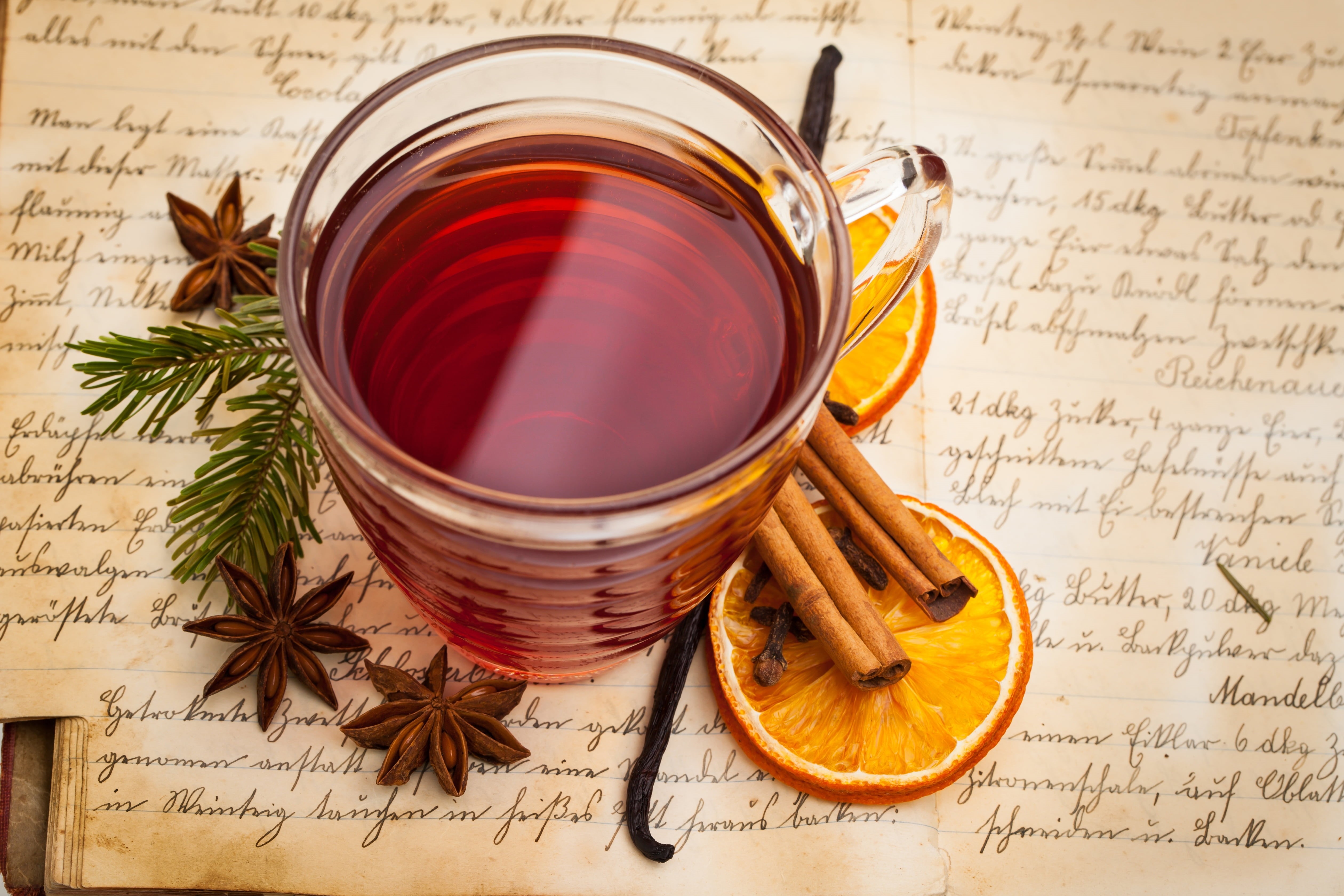 food, freshness, indoors, Cup, orange, cinnamon, vanilla, Anis, tea - hot drink, 4K, no people, tea cup, table, drink, clear, food and drink, high angle view, HD Wallpaper
