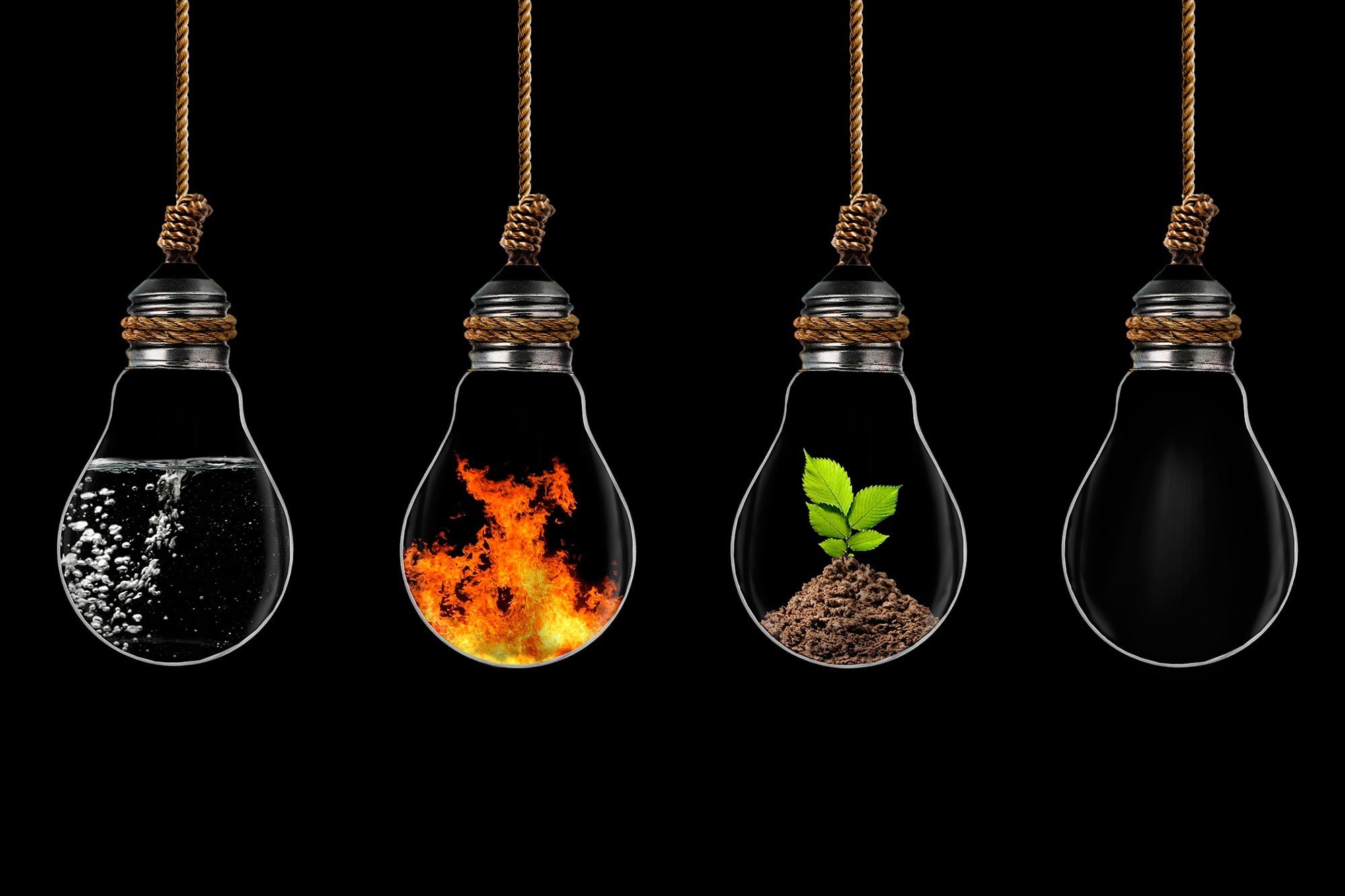 ground, black background, plants, four elements, light bulb, ropes, digital art, 1080P, water, fire, HD Wallpaper