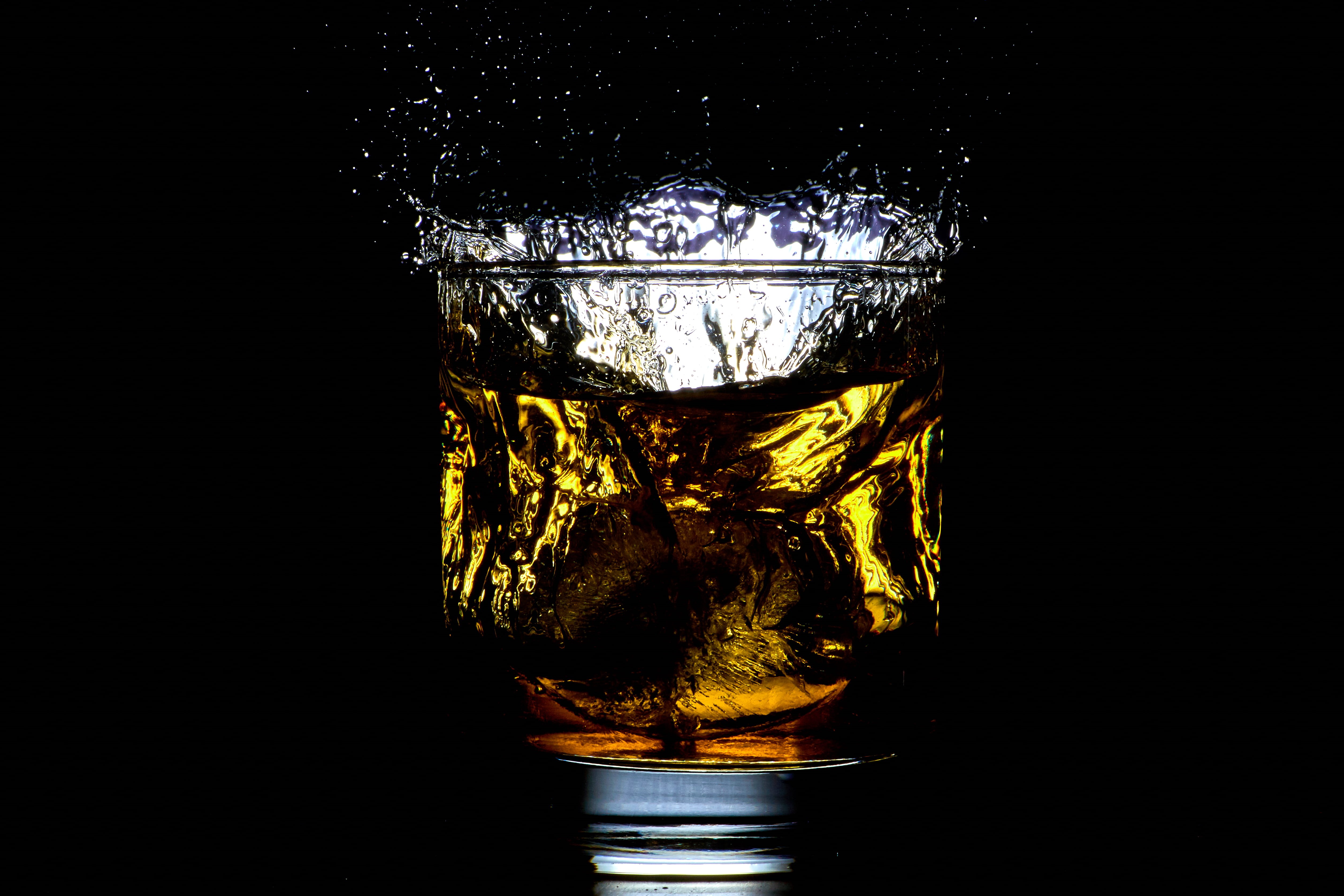 drink, fire, goblet, close-up, 4K, freshness, studio shot, glass, splash, transparent, single object, flame, household equipment, ice, beer glass, tequila, HD Wallpaper