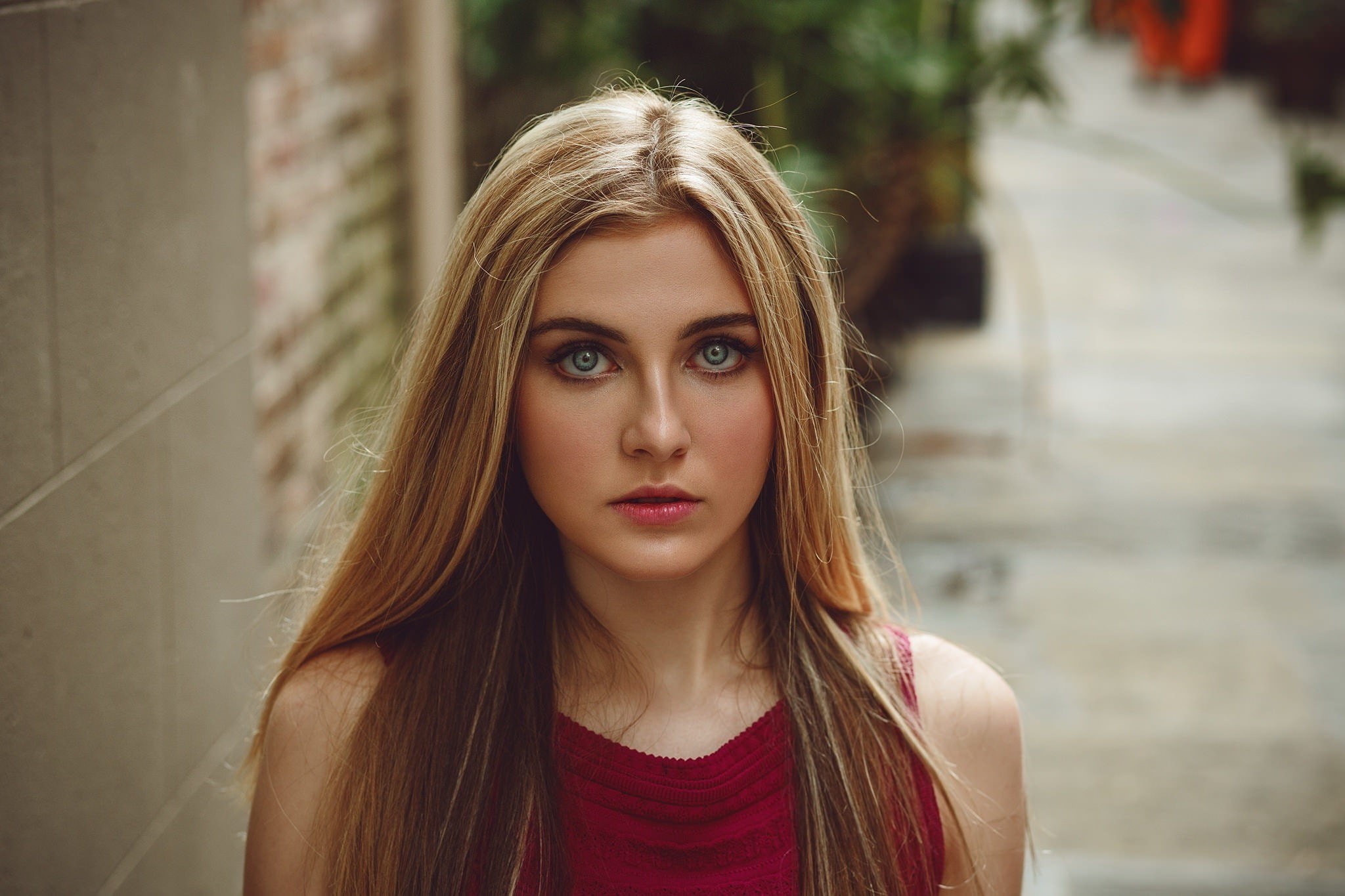 women, long, portrait, red, face, long hair, blonde, sleeveless, model, 1080P, s, hair, top, HD Wallpaper
