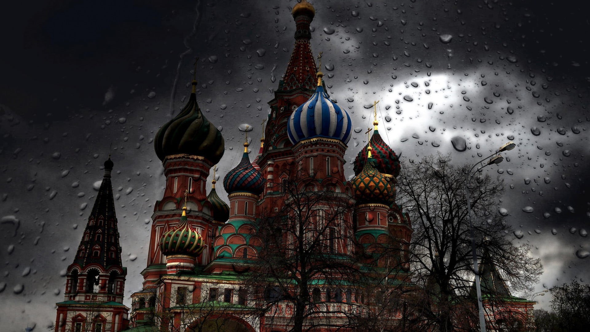 no people, low angle view, spire, rain, nature, 1080P, s, outdoors, water drops, building, russia, spirituality, basil, cold temperature, church, Moscow, HD Wallpaper